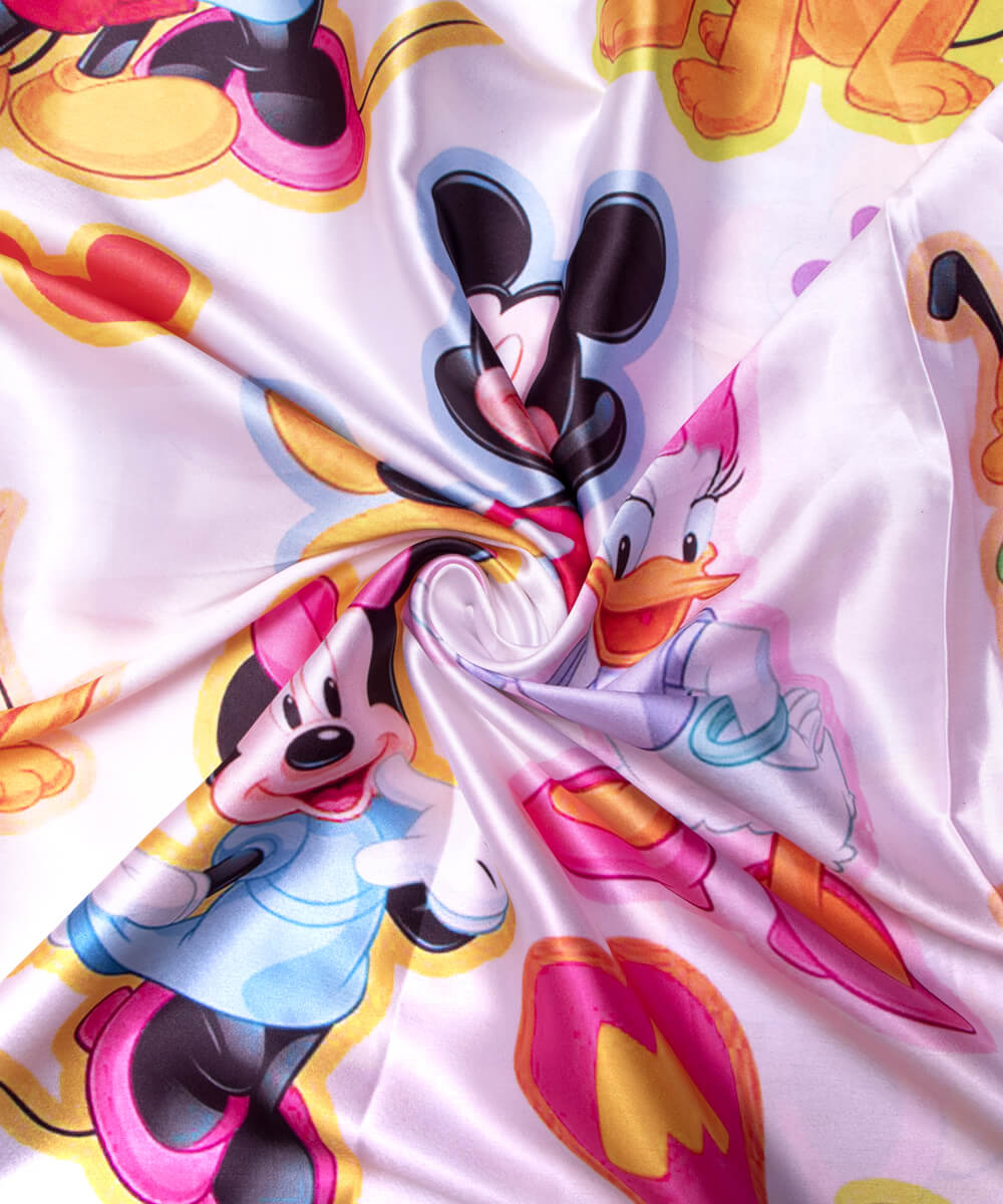 White Colour Kids Print Satin Fabric