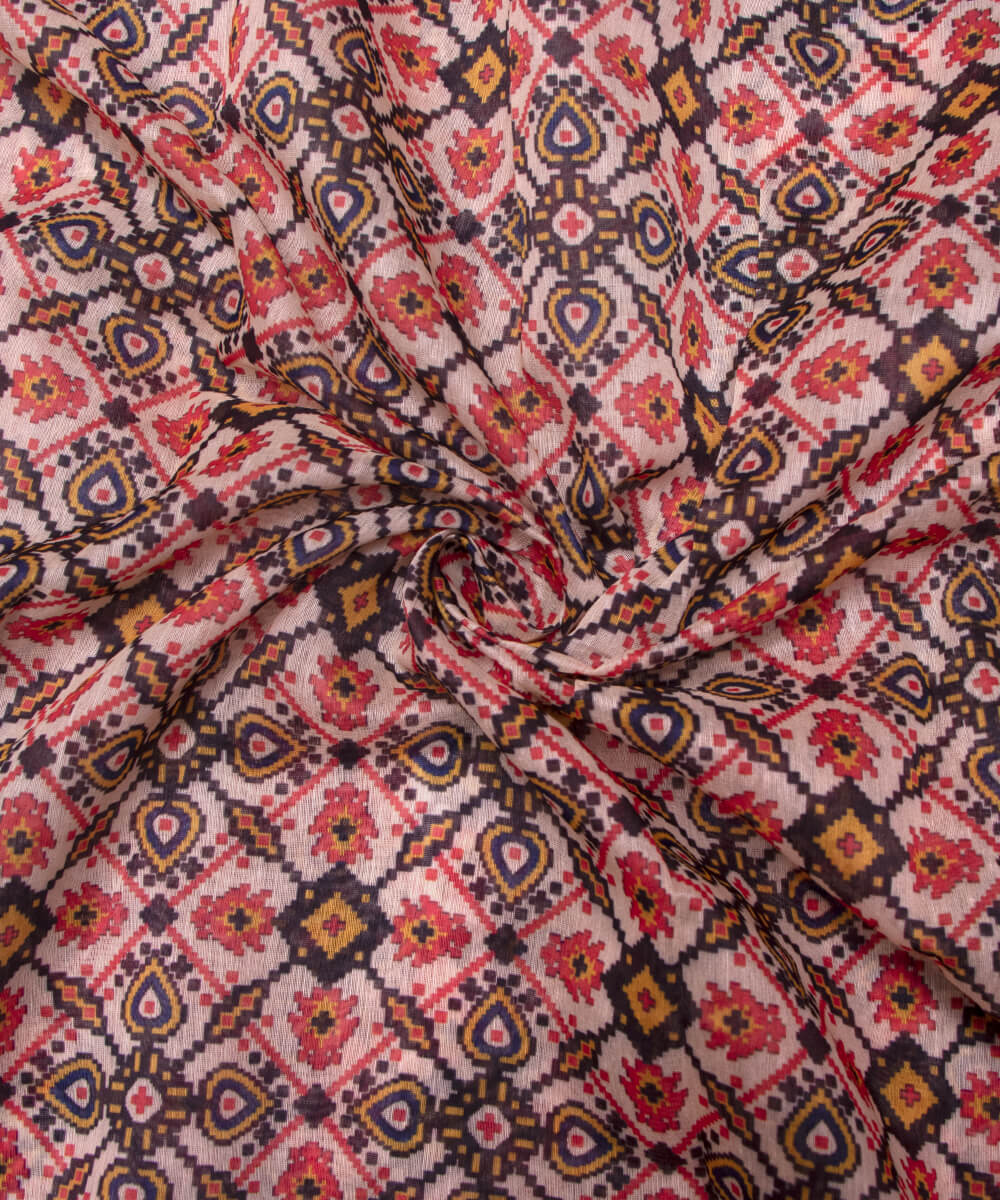 Off White Colour Geometric Print Chanderi Silk Fabric