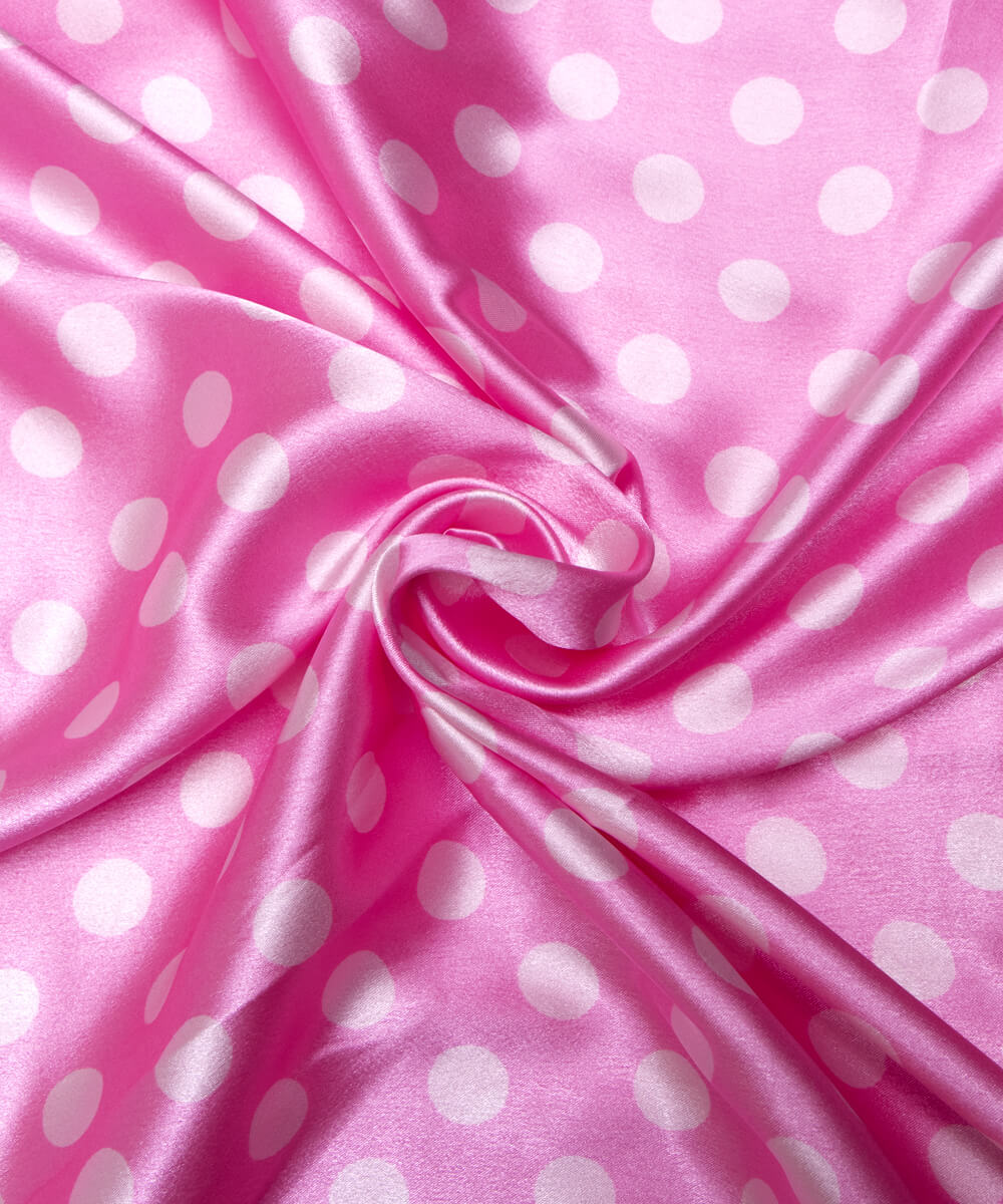 Pink Colour Polka Dots Print Satin Fabric