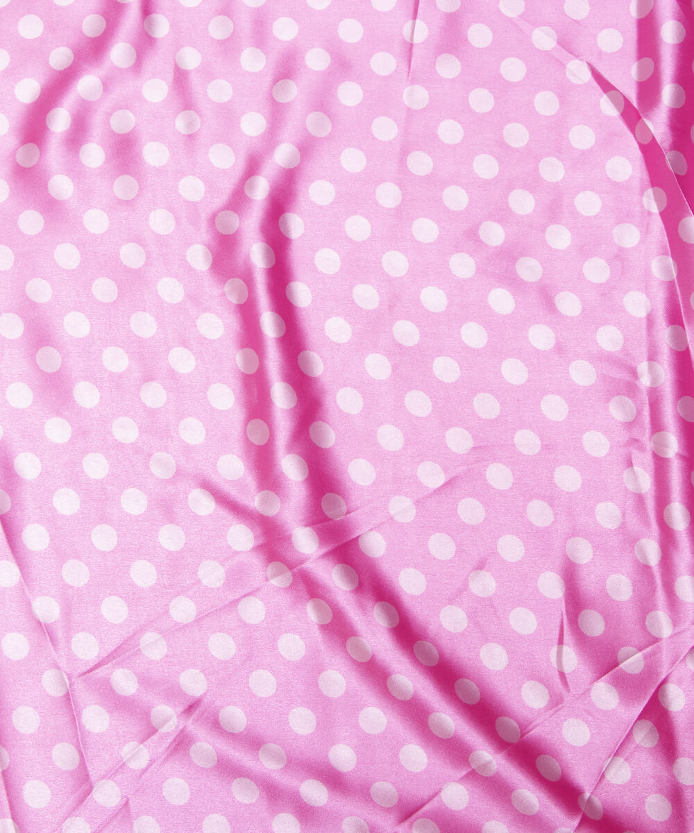 Pink Colour Polka Dots Print Satin Fabric