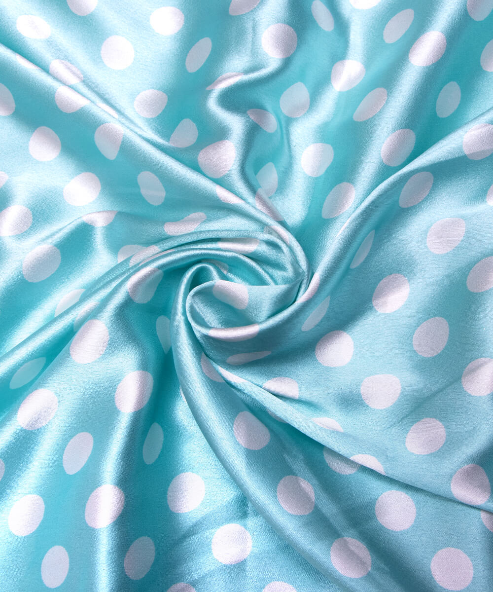 Light Blue Colour Polka Dots Print Satin Fabric