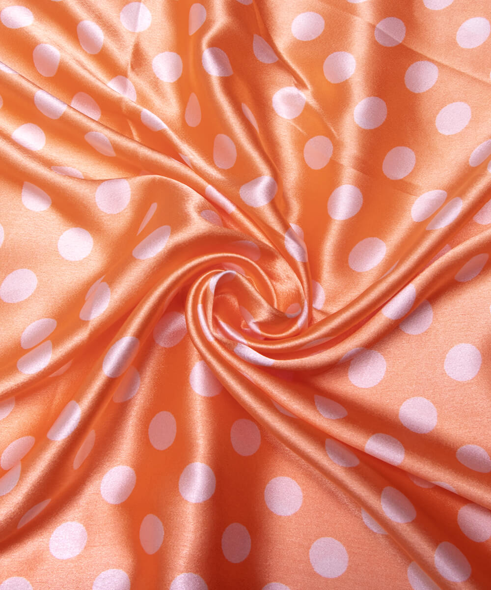 Peach Colour Polka Dots Print Satin Fabric