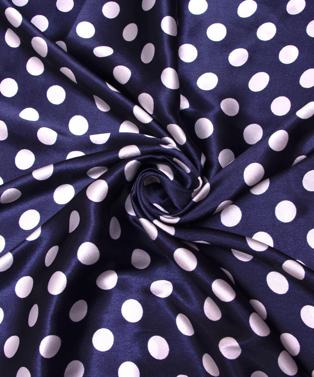 Navy Blue Colour Polka Dots Print Satin Fabric