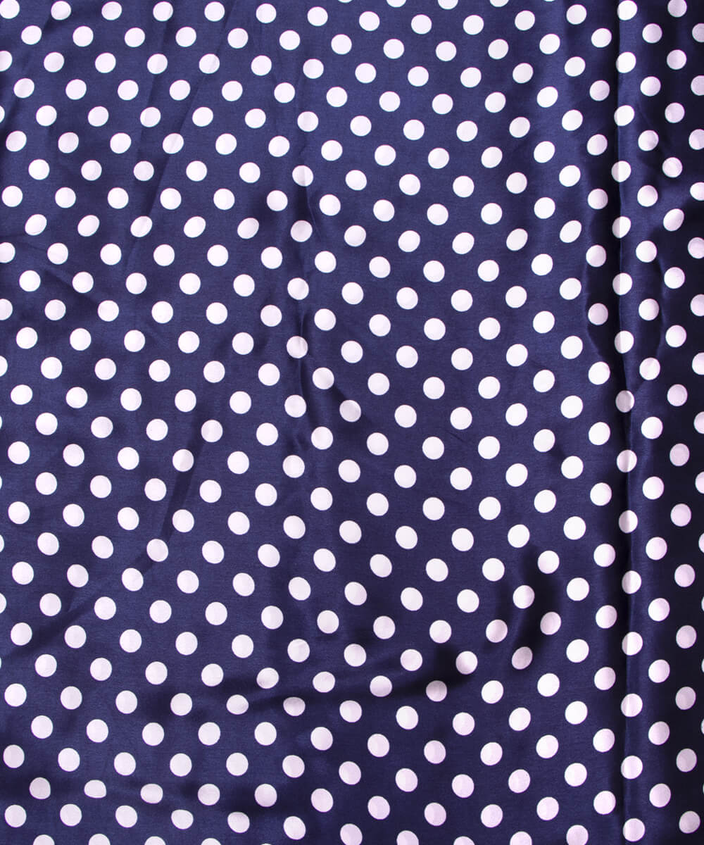 Navy Blue Colour Polka Dots Print Satin Fabric