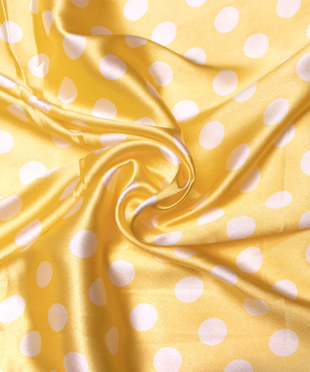 Yellow Colour Polka Dots Print Satin Fabric