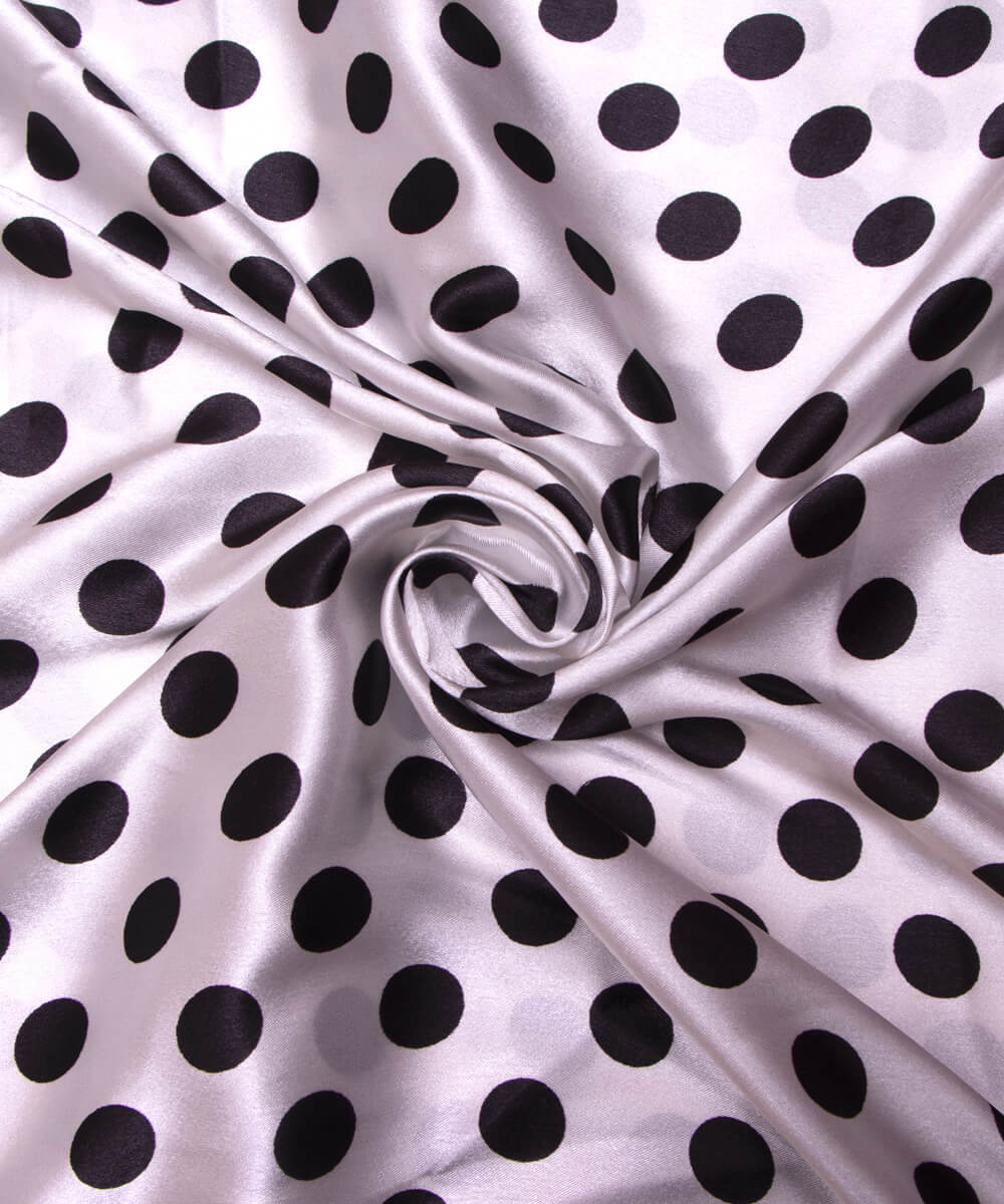 White Colour Polka Dots Print Satin Fabric