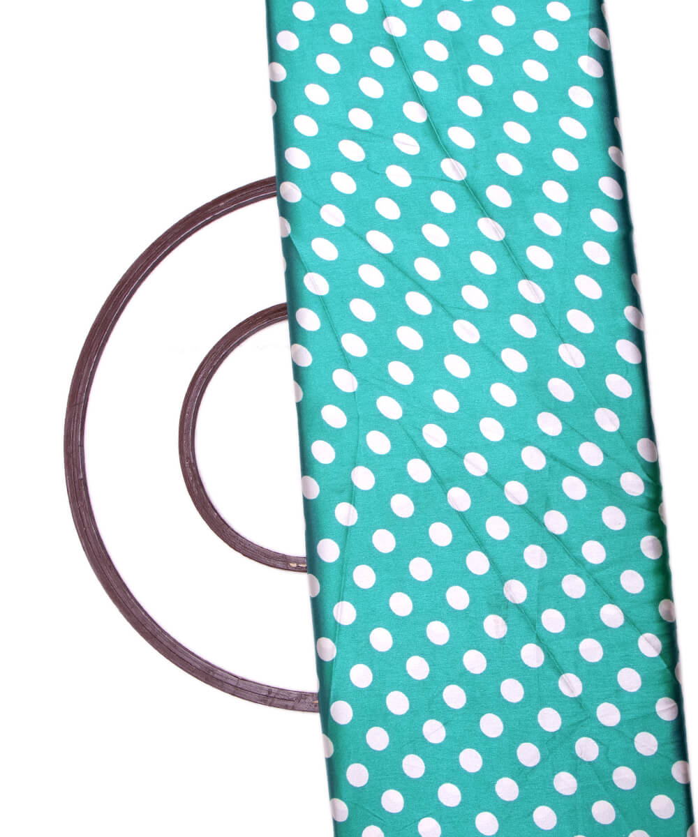 Turquoise Colour Polka Dots Print Satin Fabric