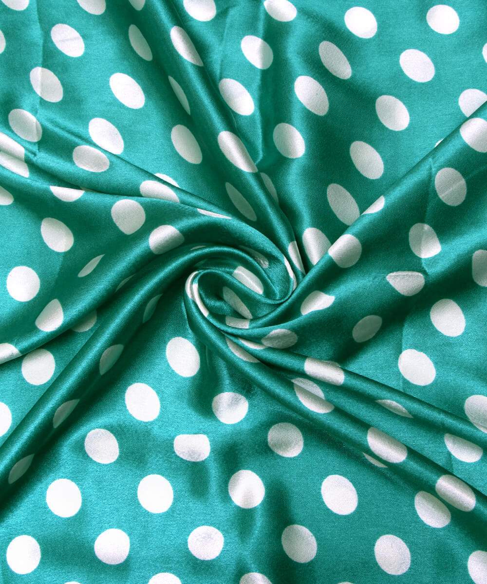 Turquoise Colour Polka Dots Print Satin Fabric