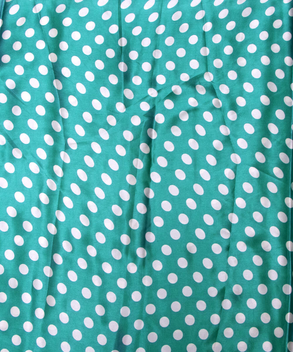 Turquoise Colour Polka Dots Print Satin Fabric