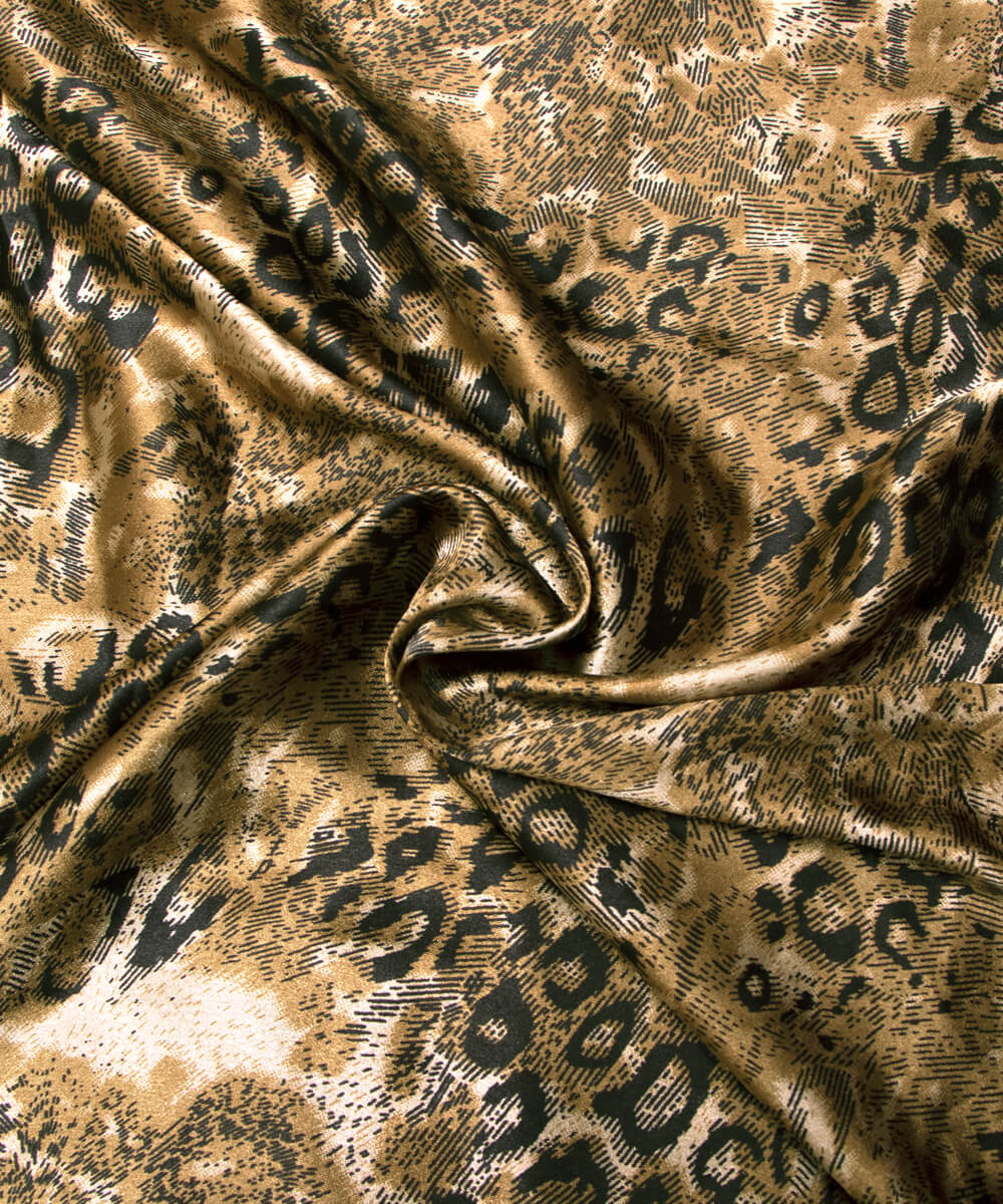 Golden Brown Colour Animal Print Satin Fabric