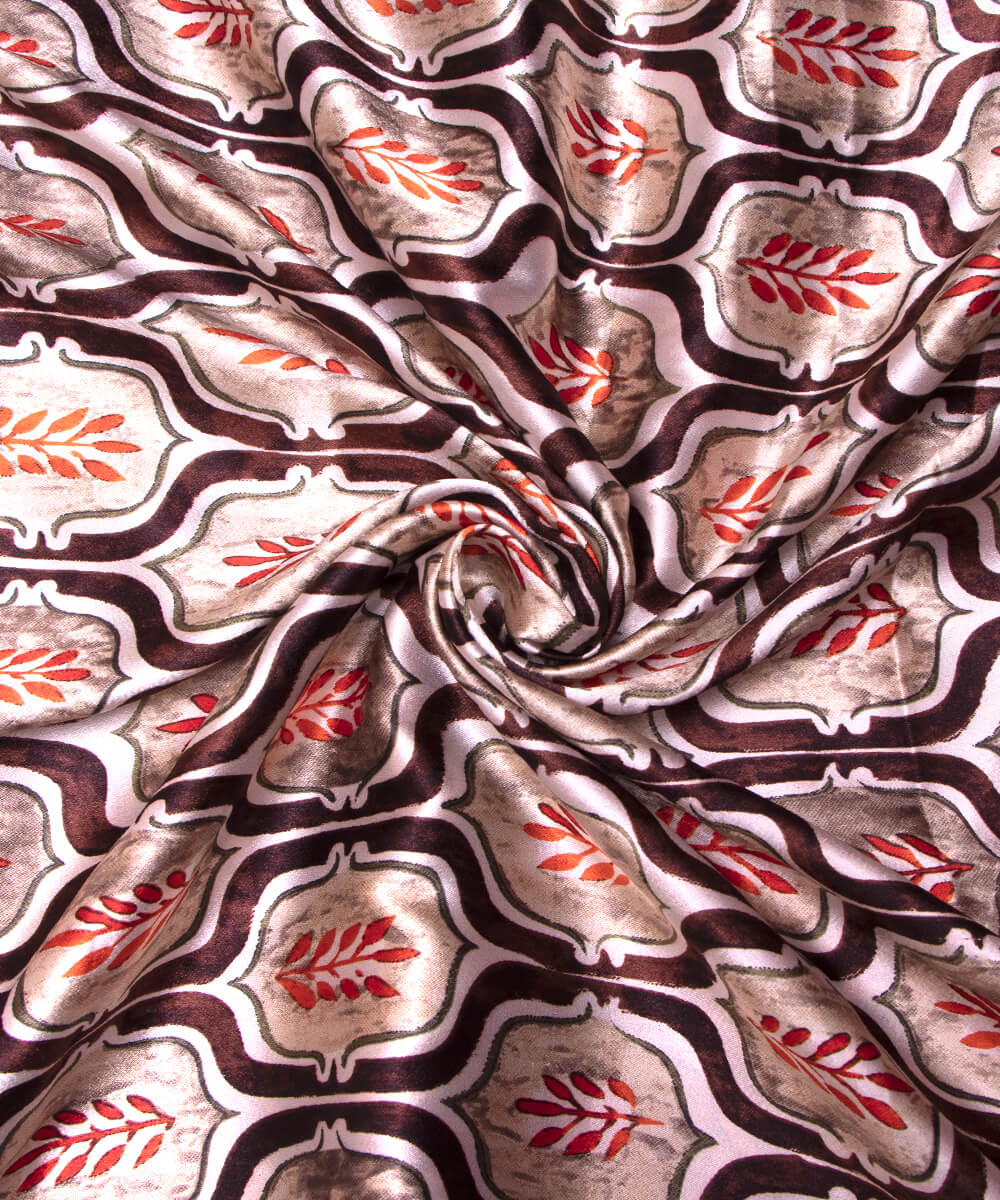 Brown Colour Mughal Traditional Print Satin Fabric