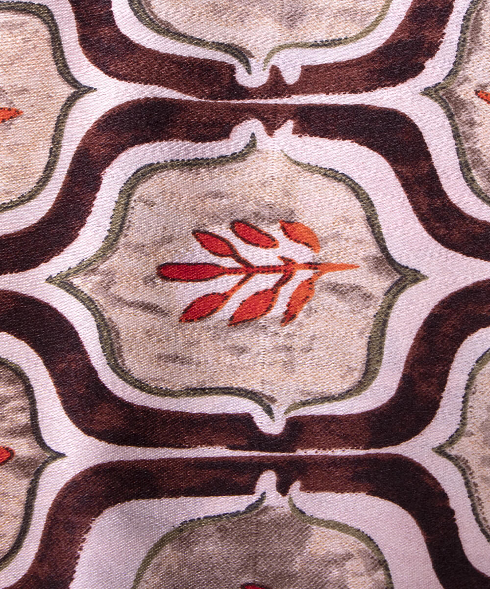 Brown Colour Mughal Traditional Print Satin Fabric