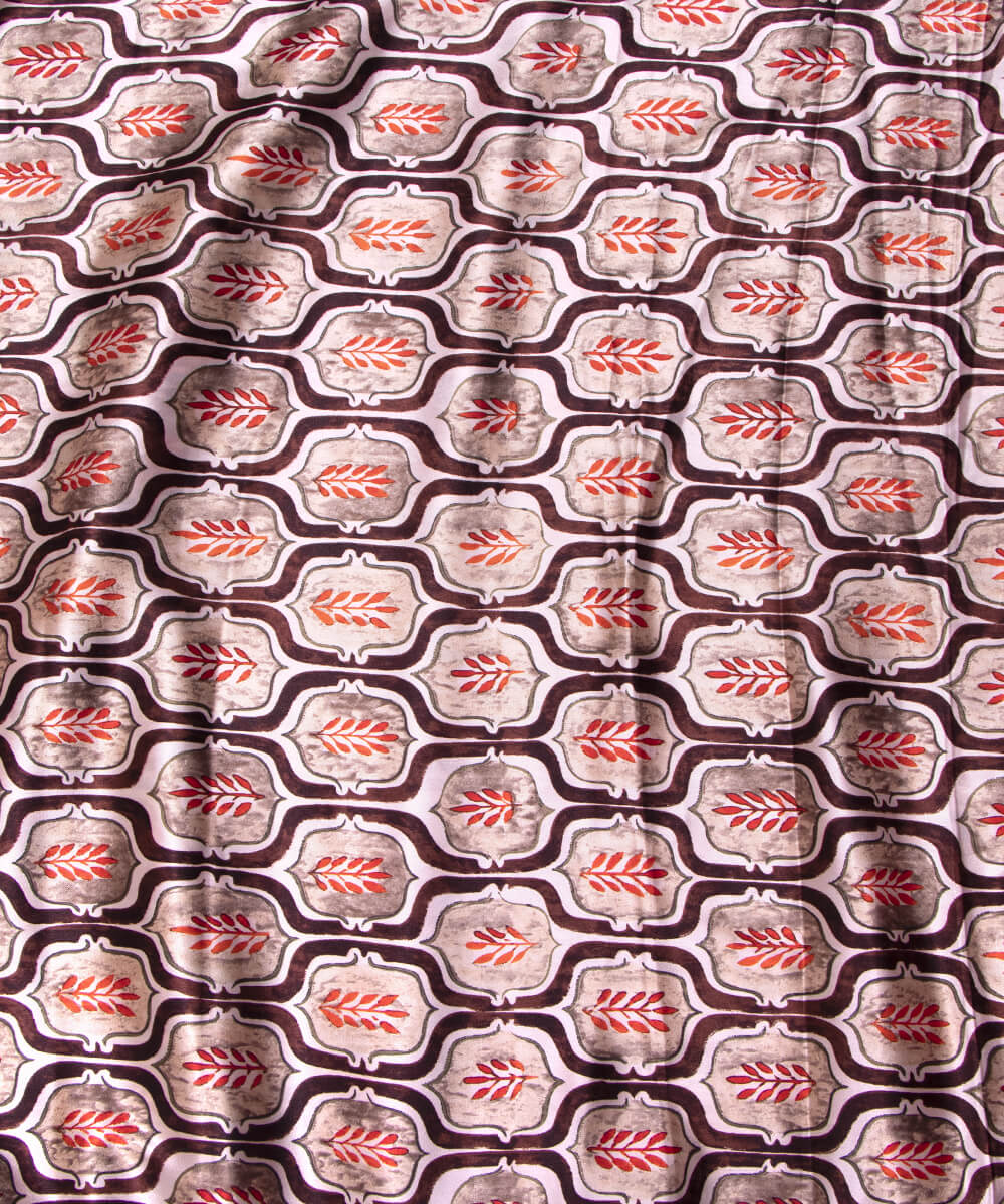 Brown Colour Mughal Traditional Print Satin Fabric