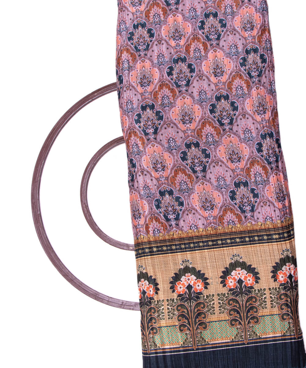 Peach Colour Floral Digital Print Pleated Chinon Fabric