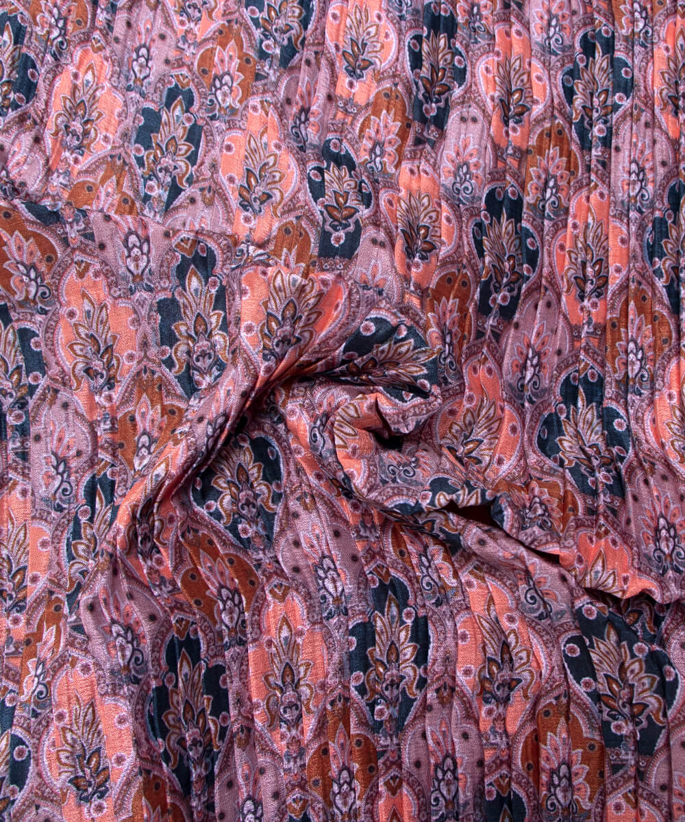 Peach Colour Floral Digital Print Pleated Chinon Fabric