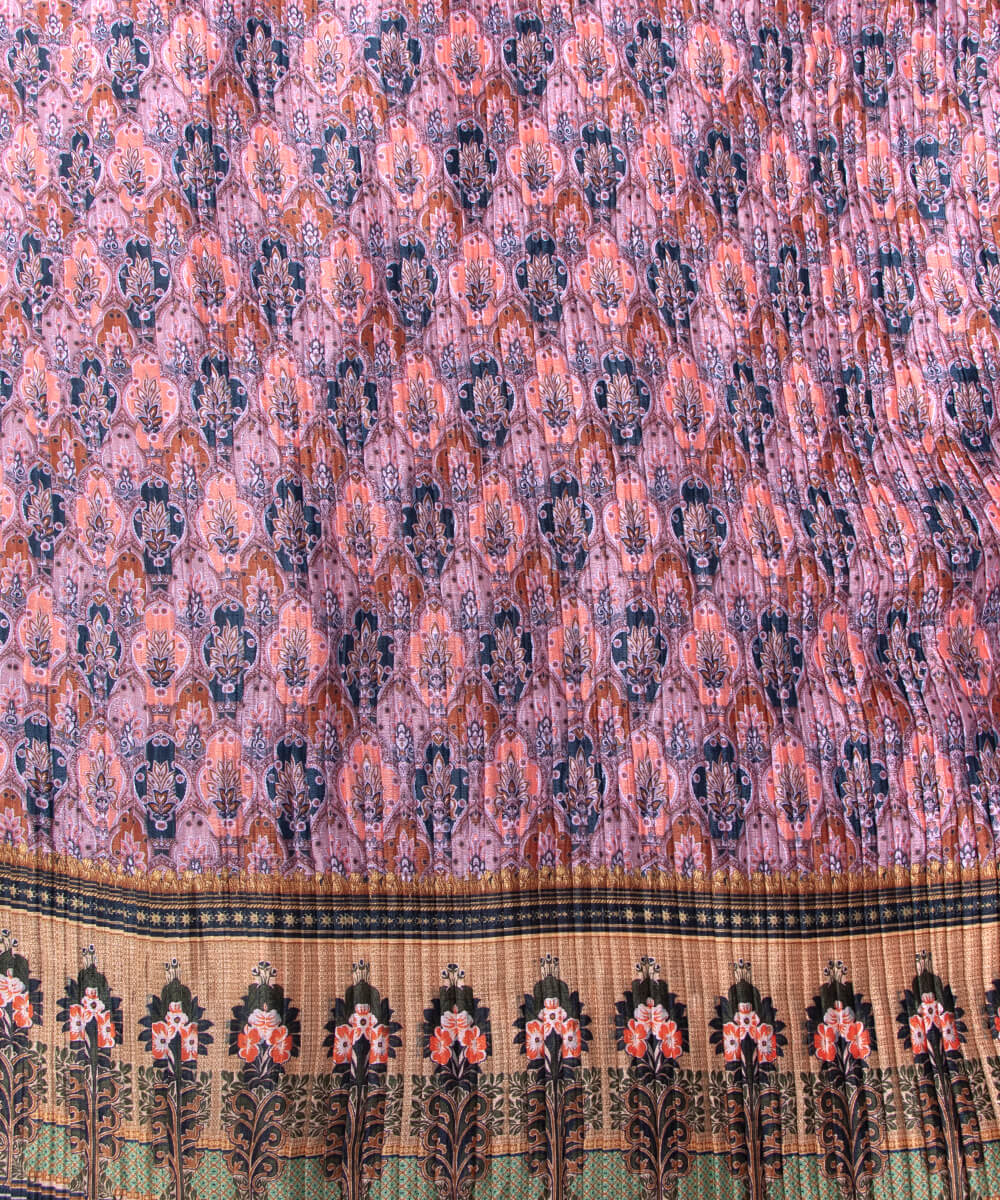 Peach Colour Floral Digital Print Pleated Chinon Fabric