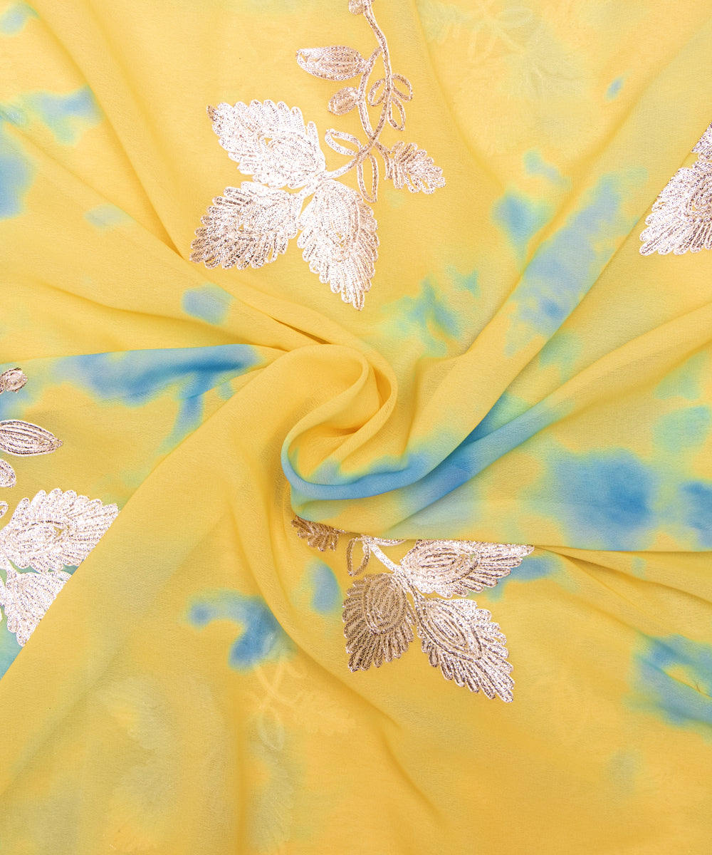 Yellow Colour Digital Tie Dye Print Georgette Gota Embroidery Fabric