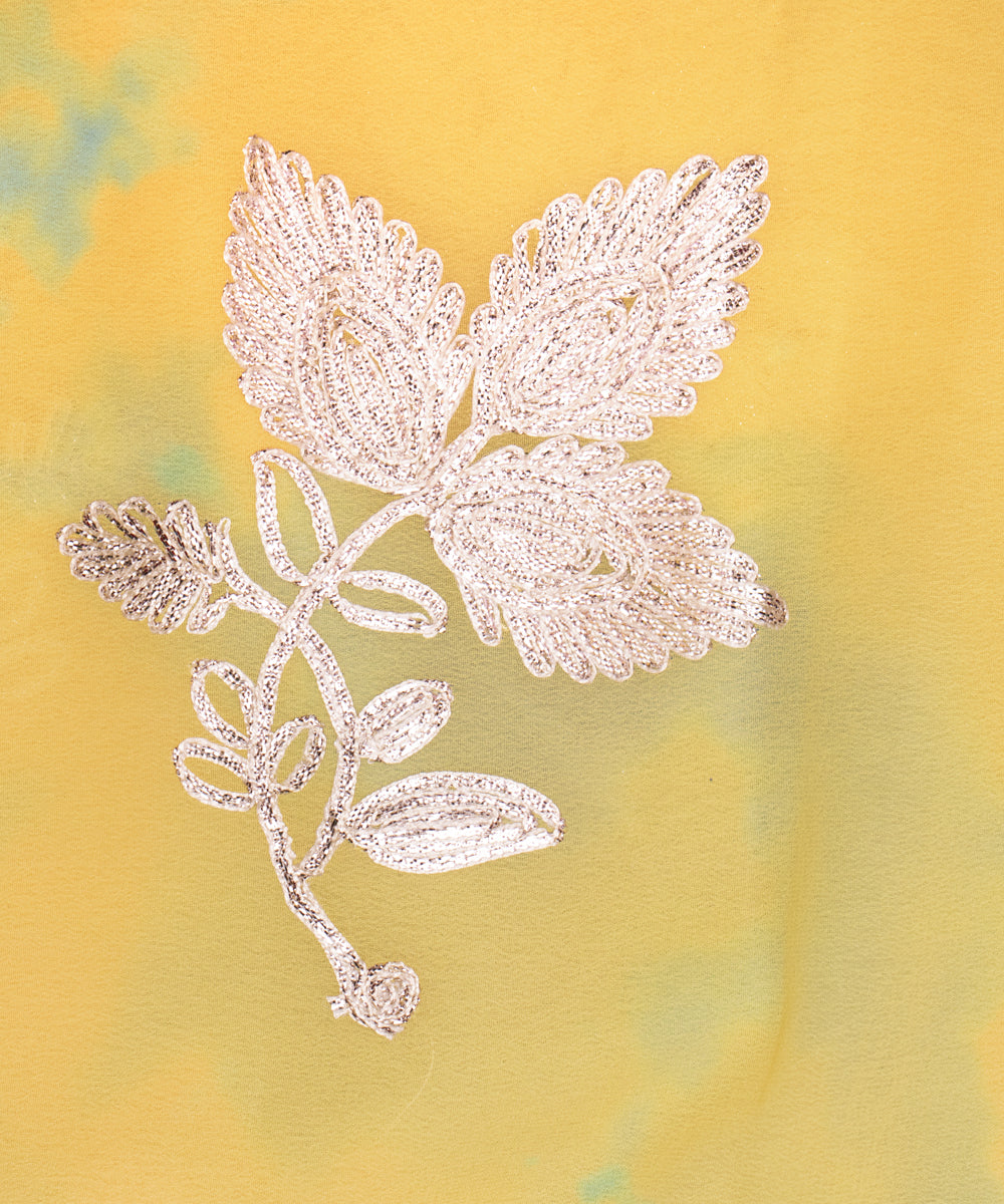 Yellow Colour Digital Tie Dye Print Georgette Gota Embroidery Fabric