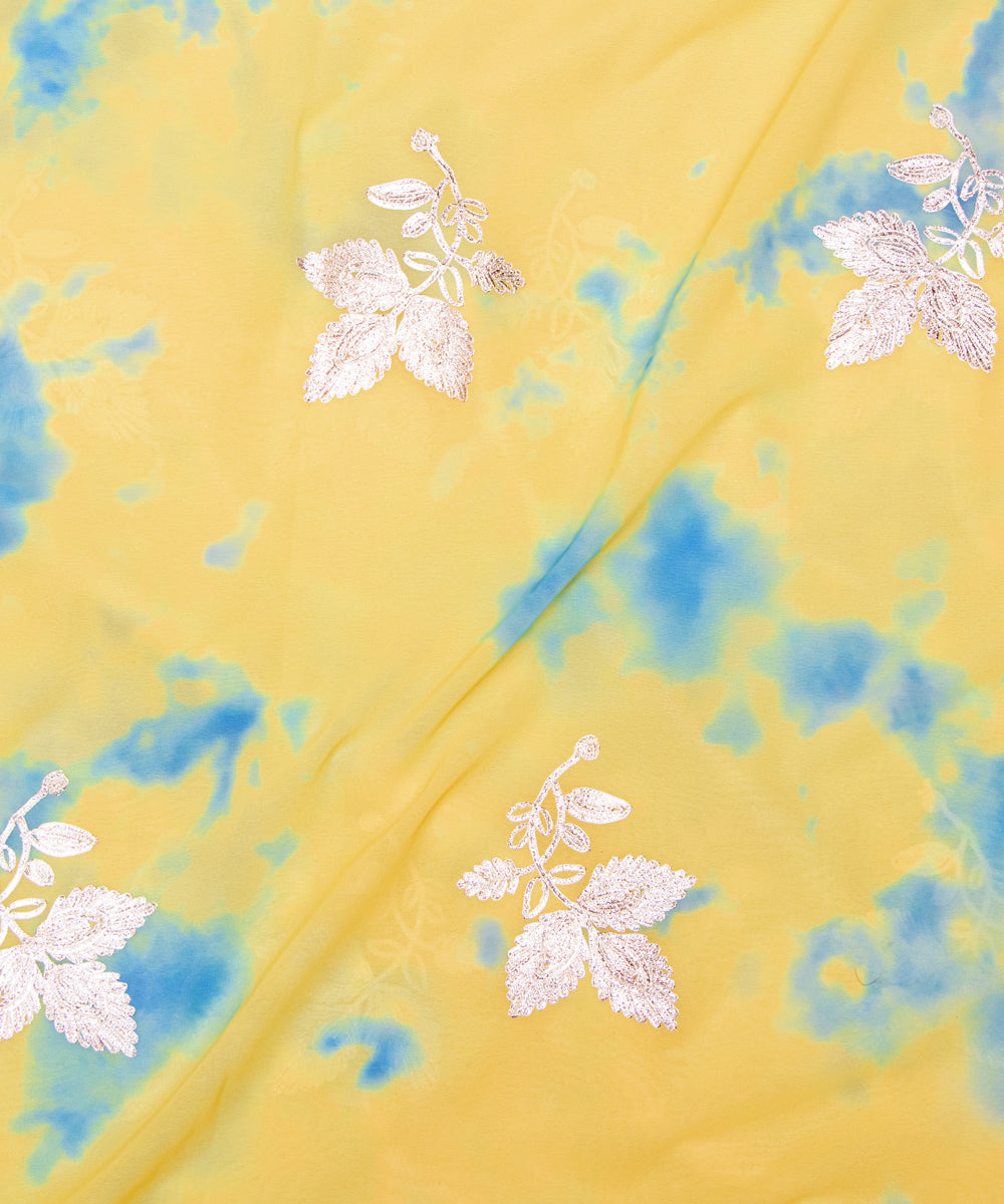 Yellow Colour Digital Tie Dye Print Georgette Gota Embroidery Fabric