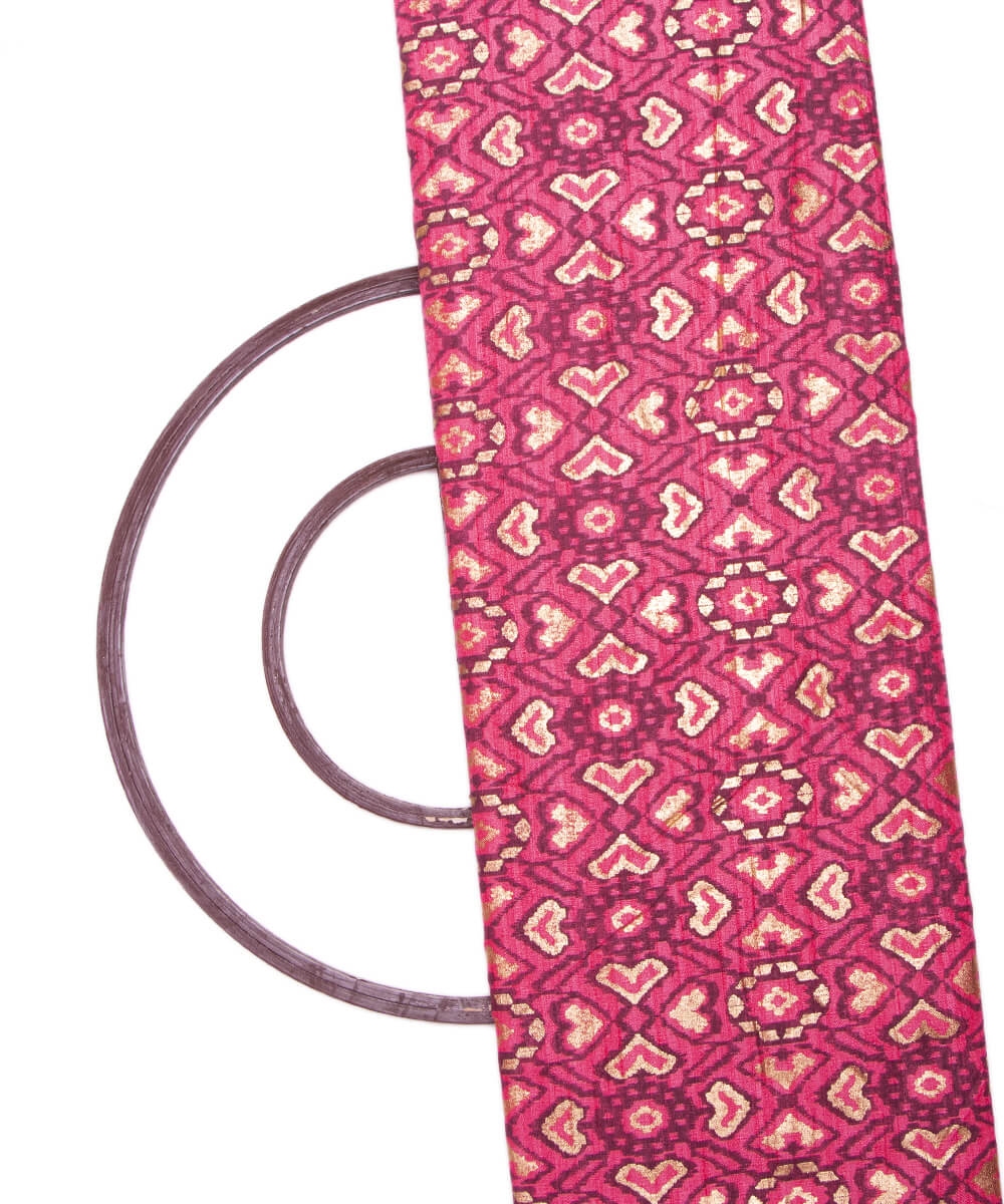 Coral Colour Foil Geometric Print Khadi Silk Fabric