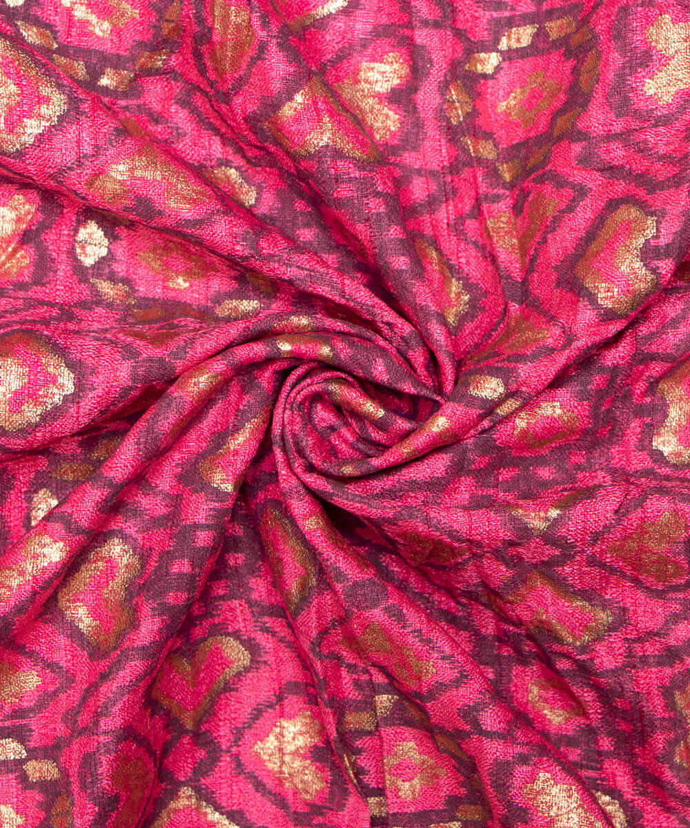 Coral Colour Foil Geometric Print Khadi Silk Fabric