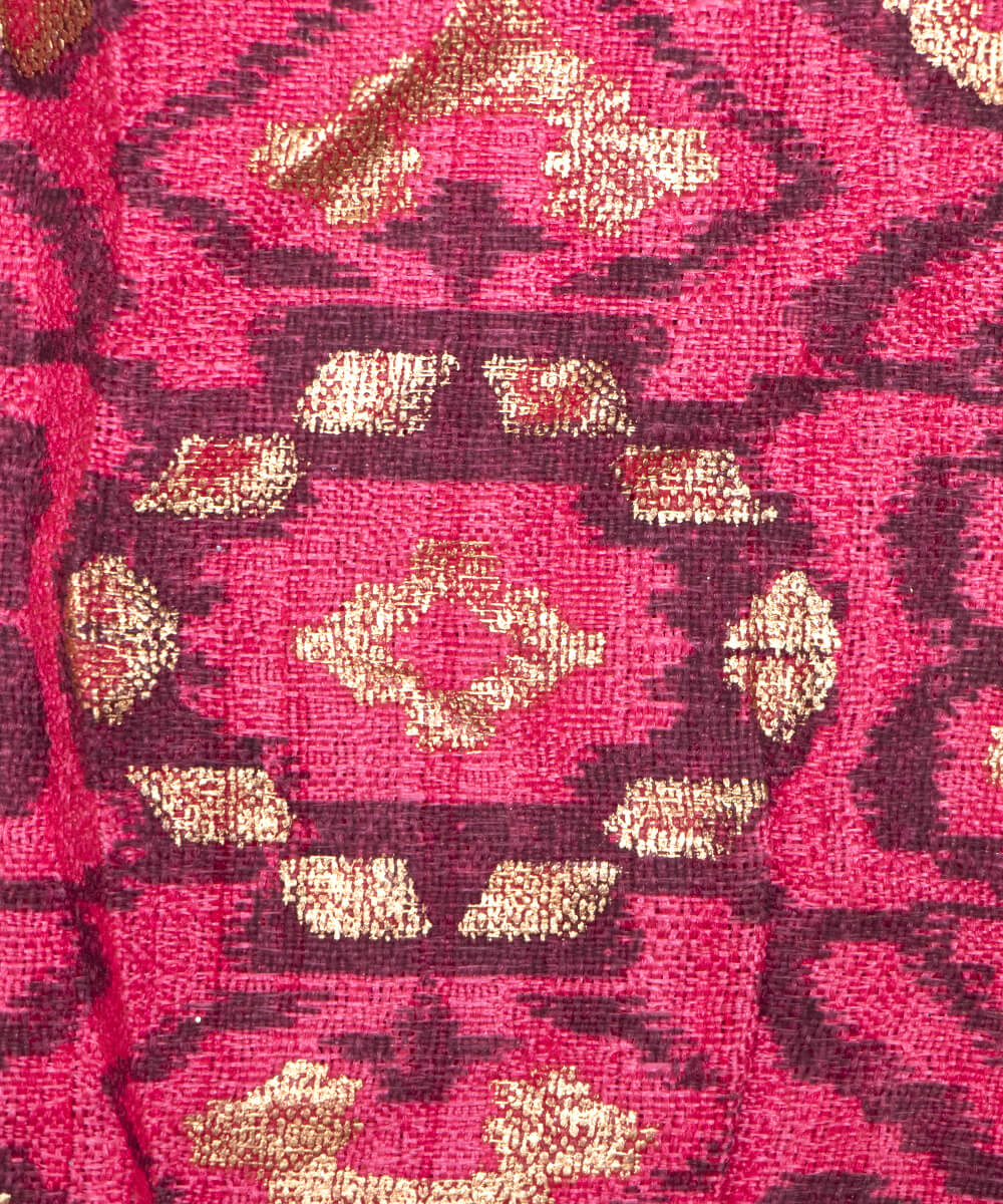 Coral Colour Foil Geometric Print Khadi Silk Fabric