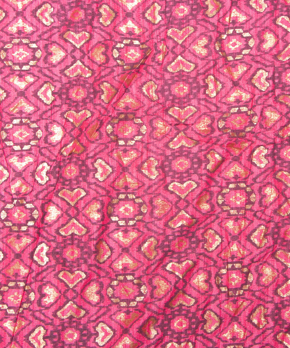 Coral Colour Foil Geometric Print Khadi Silk Fabric
