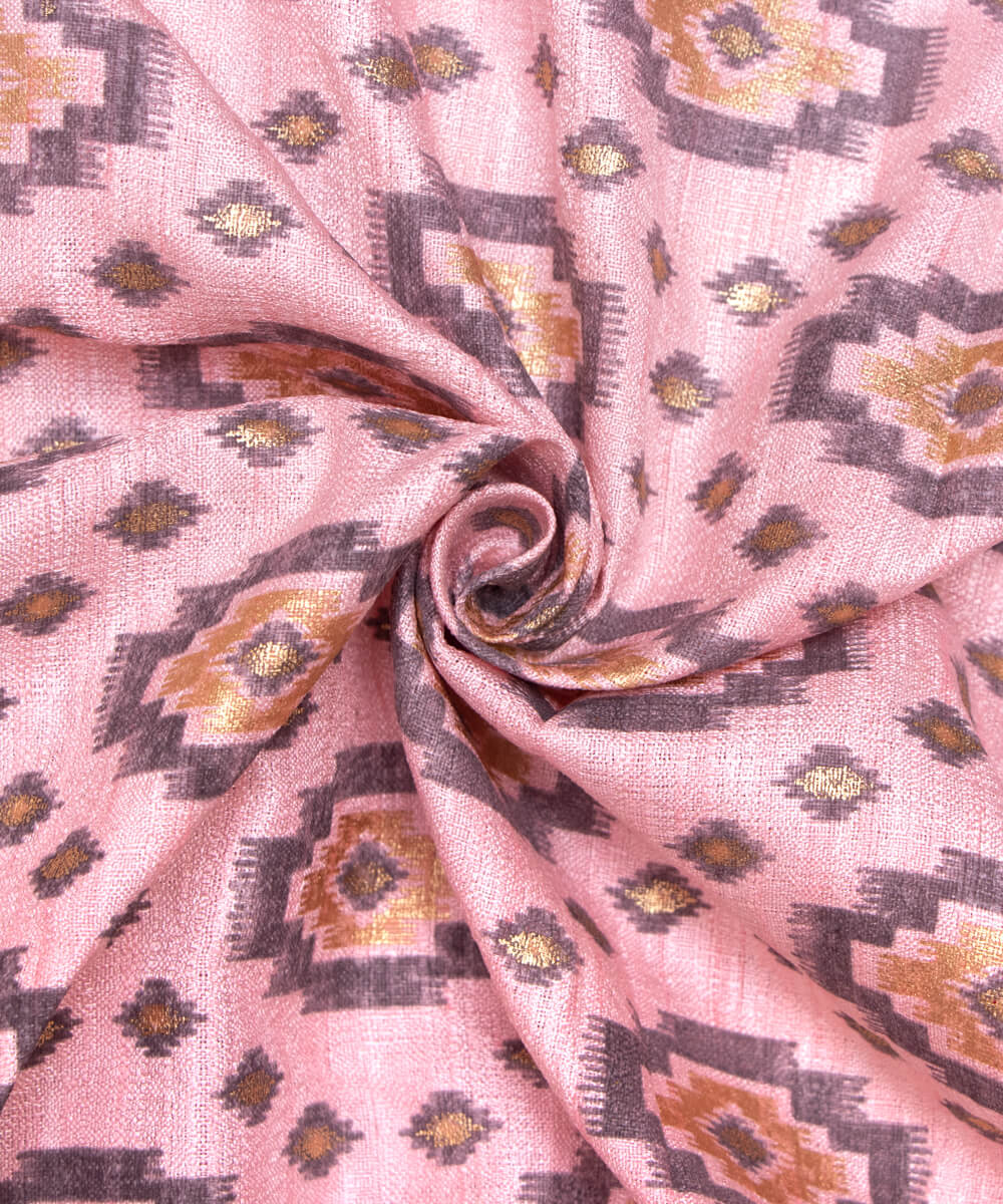 Pink Colour Foil Geometric Print Khadi Silk Fabric