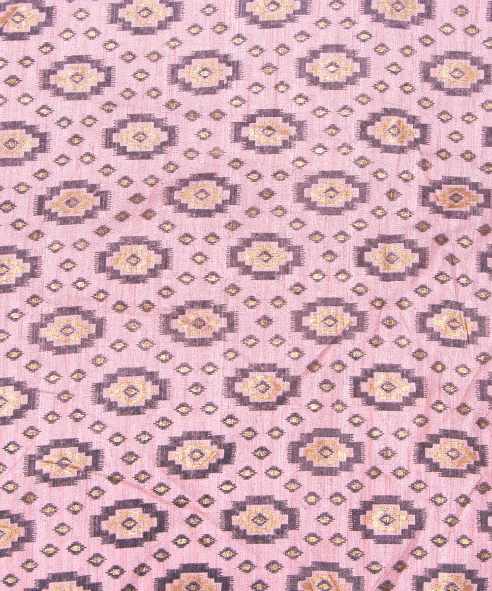 Pink Colour Foil Geometric Print Khadi Silk Fabric
