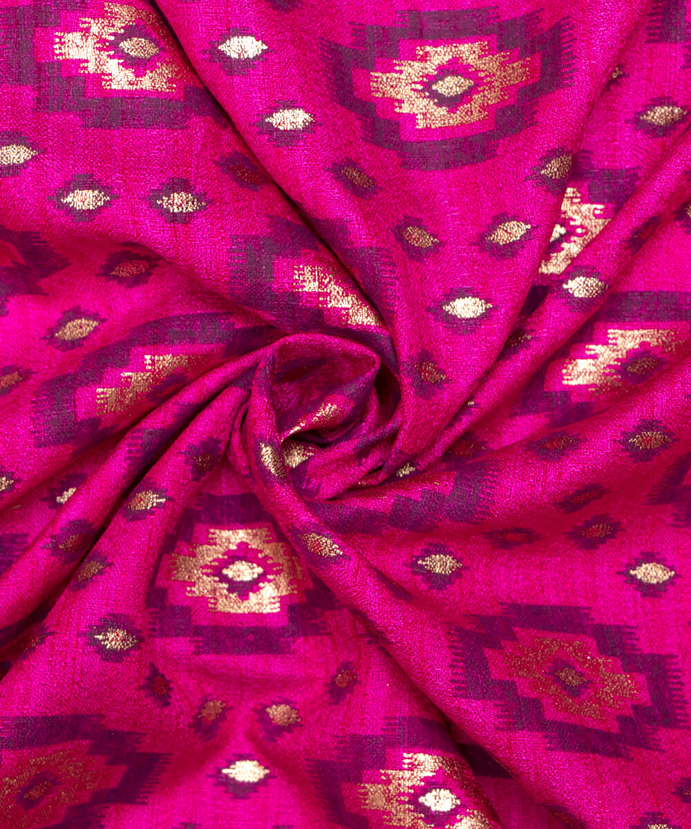 Magenta Colour Foil Geometric Print Khadi Silk Fabric