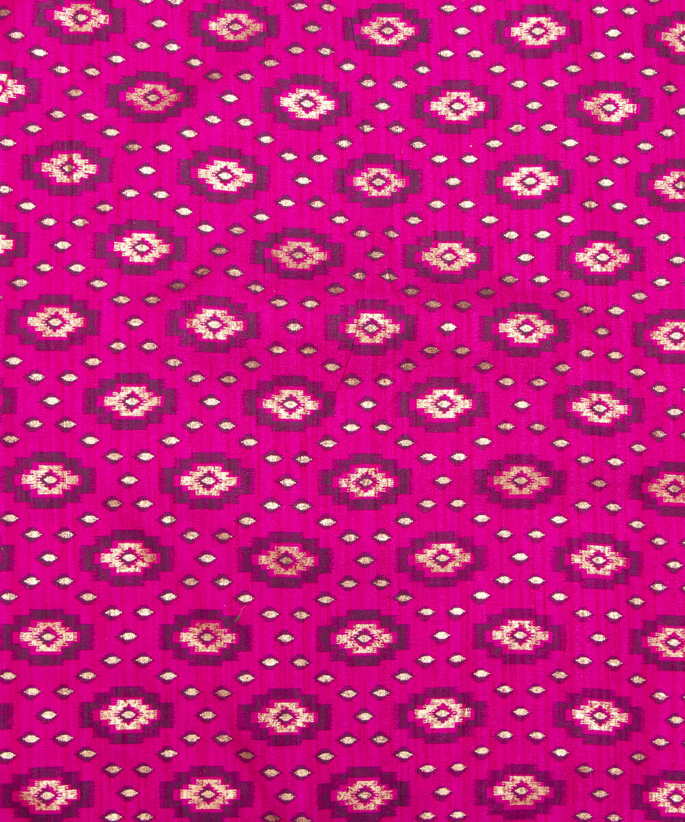 Magenta Colour Foil Geometric Print Khadi Silk Fabric