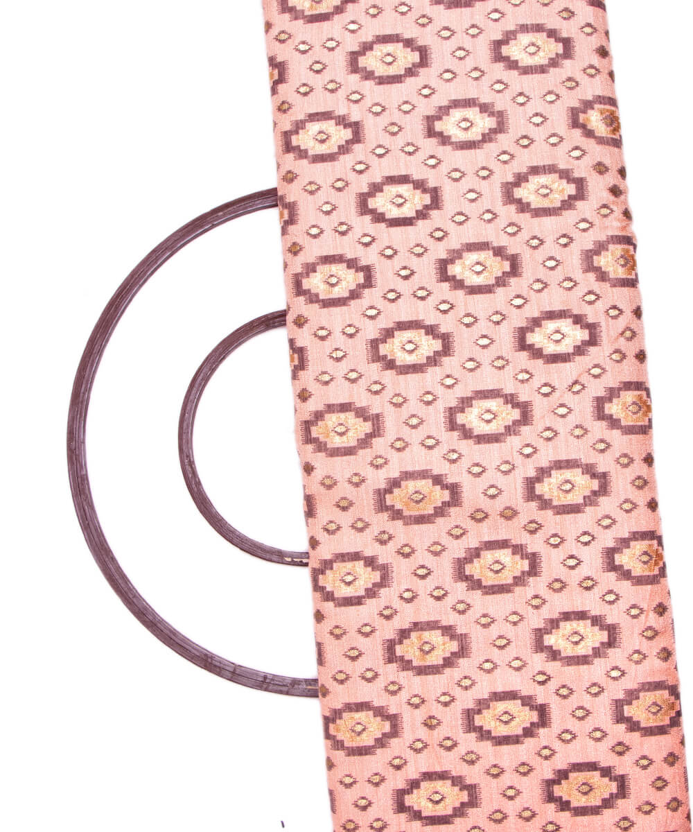 Peach Colour Foil Geometric Print Khadi Silk Fabric