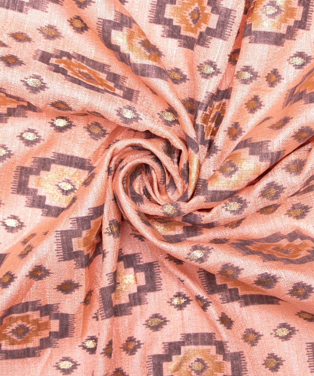 Peach Colour Foil Geometric Print Khadi Silk Fabric