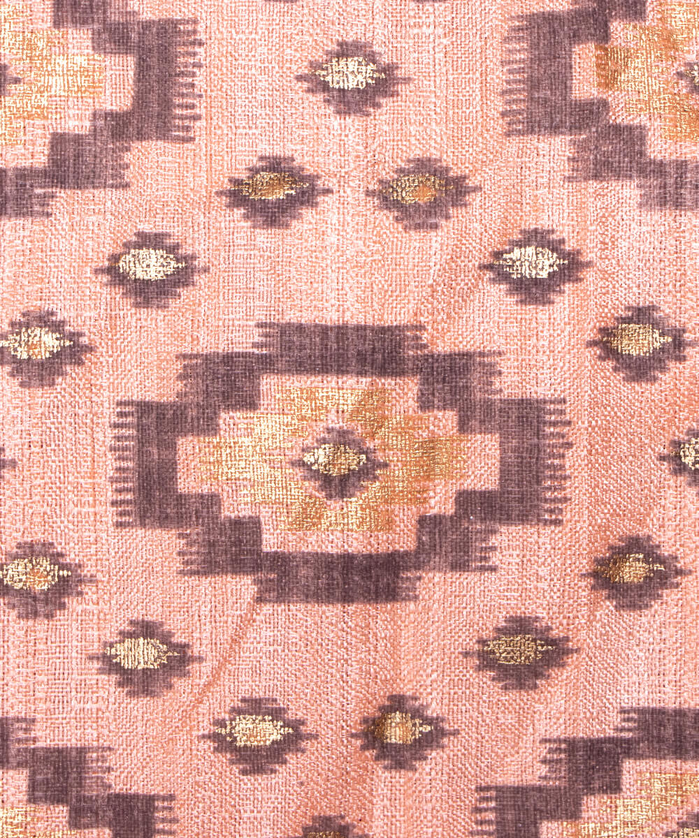 Peach Colour Foil Geometric Print Khadi Silk Fabric