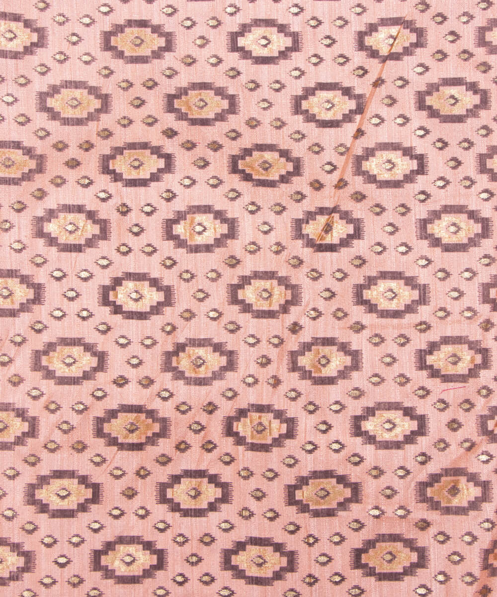 Peach Colour Foil Geometric Print Khadi Silk Fabric