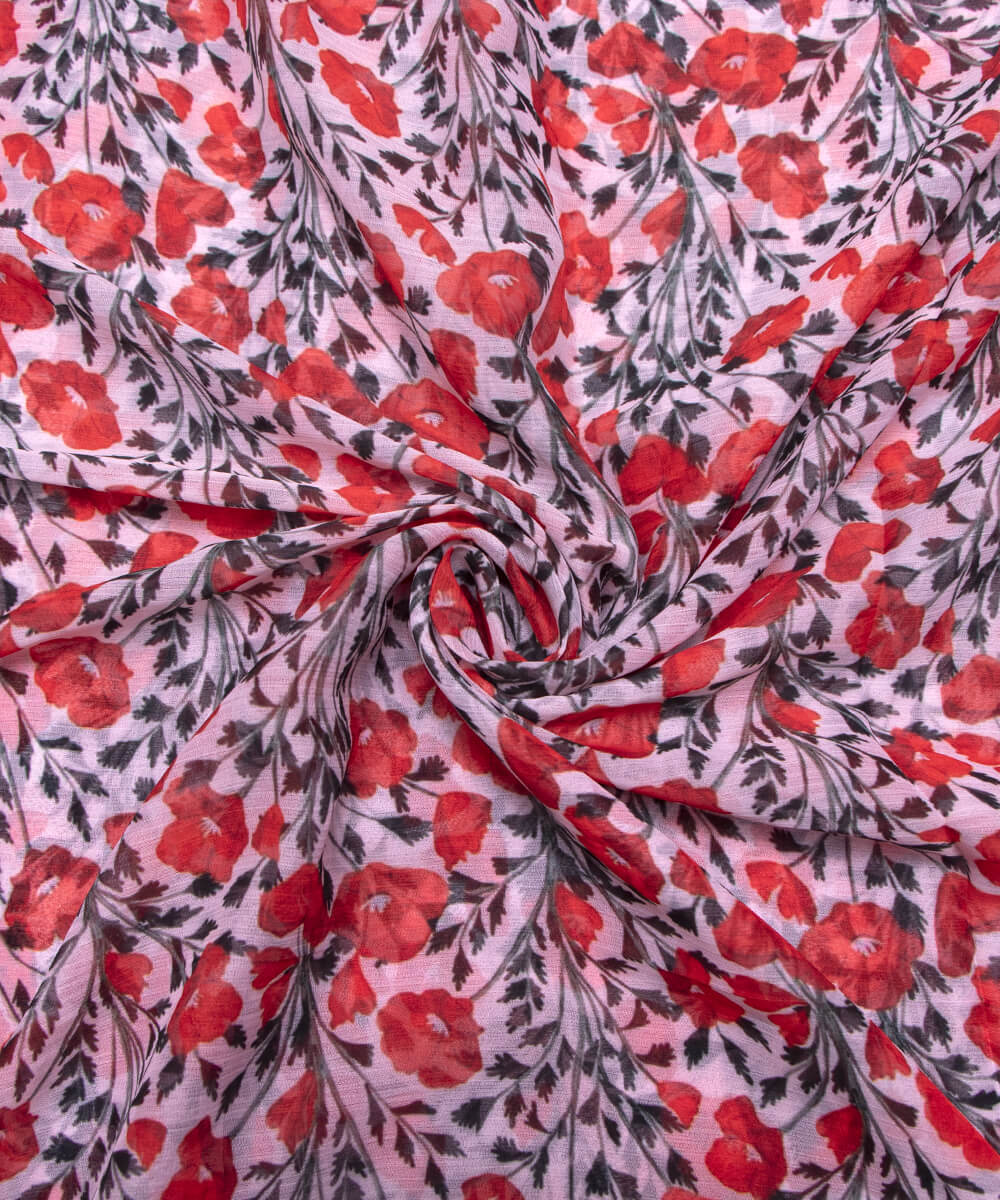 off White Red Colour Floral Print Chiffon Fabric