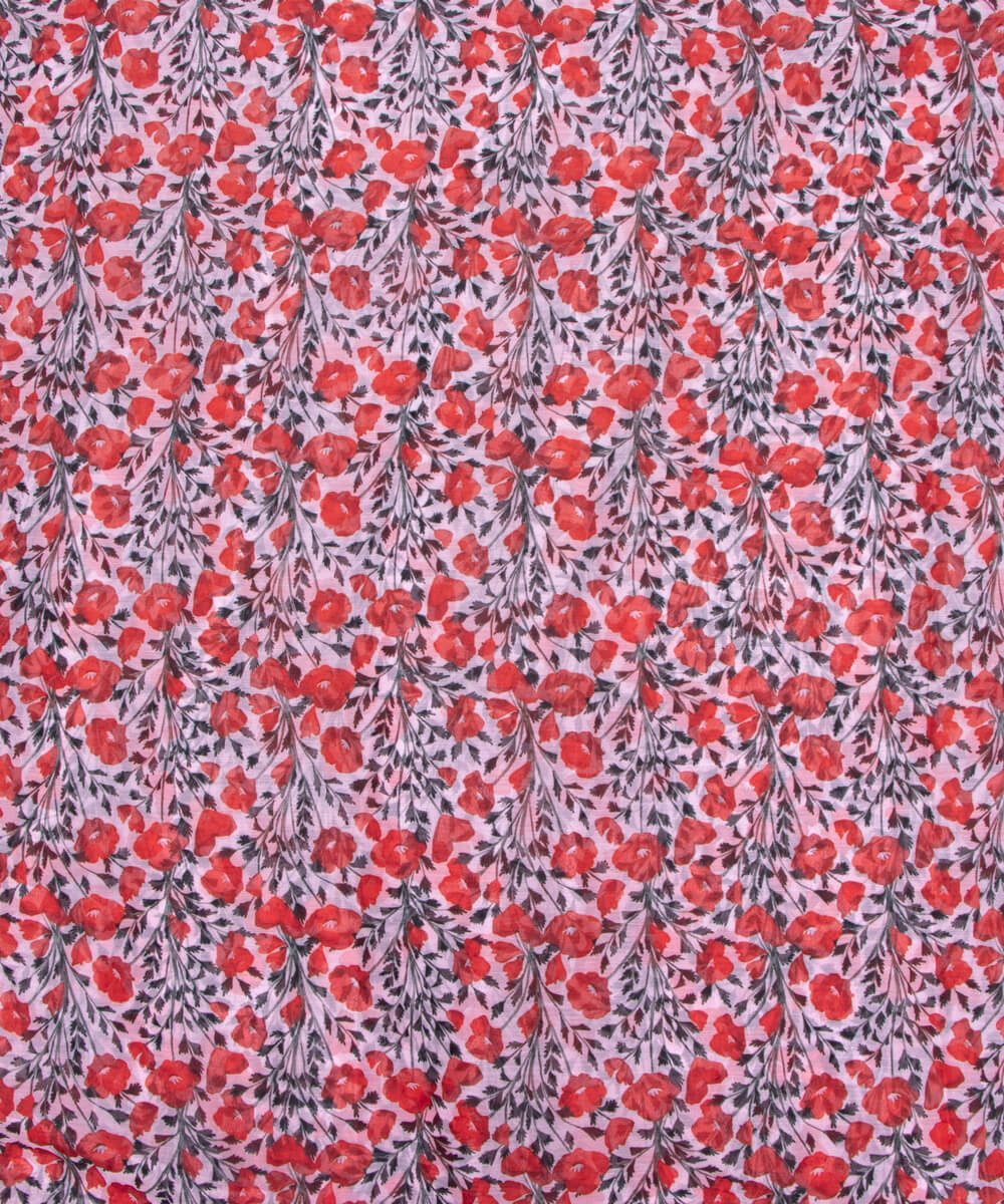 off White Red Colour Floral Print Chiffon Fabric