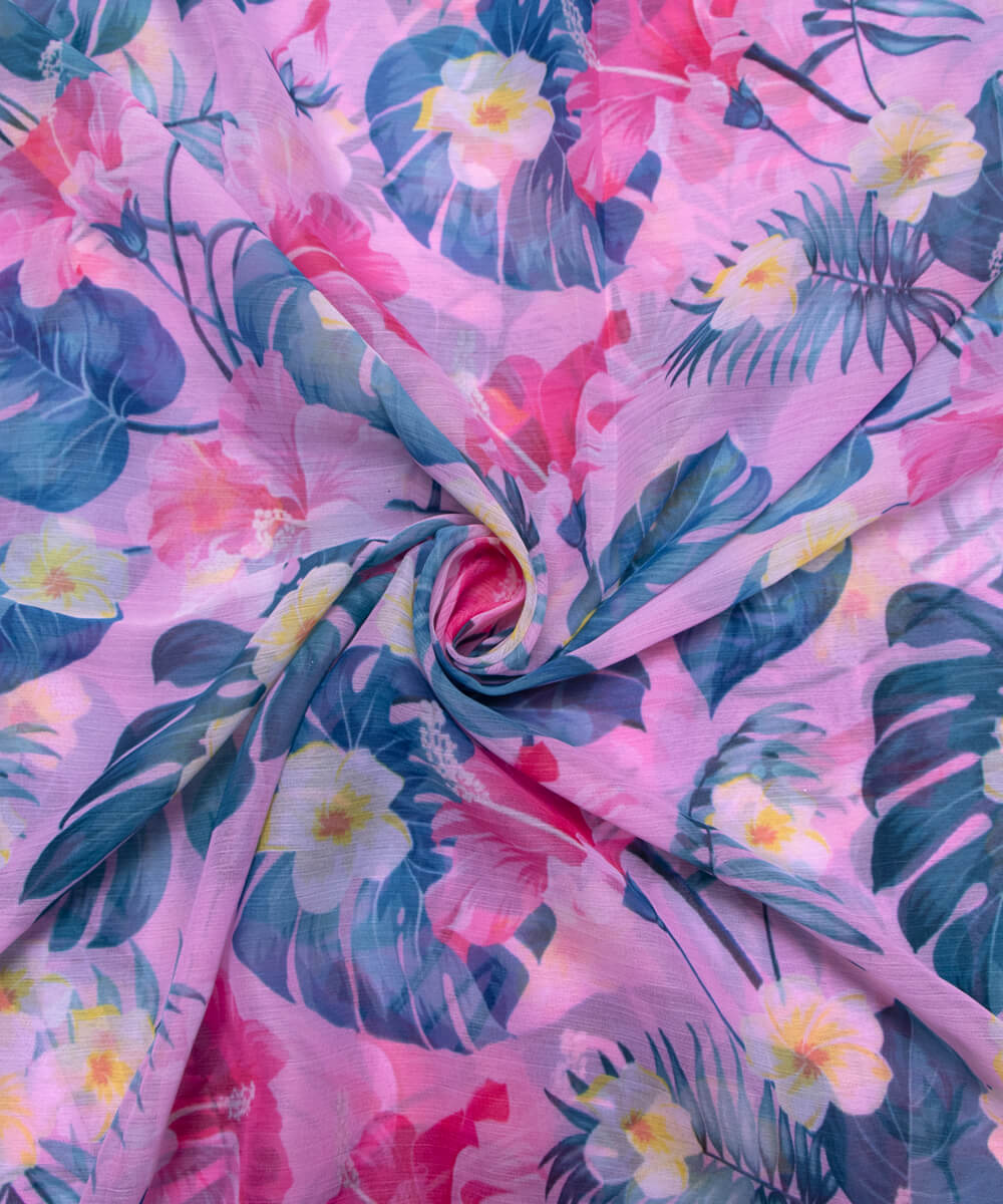 Pink Blue Colour Floral Leaf Print Chiffon Fabric