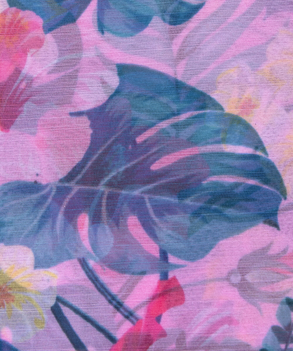 Pink Blue Colour Floral Leaf Print Chiffon Fabric