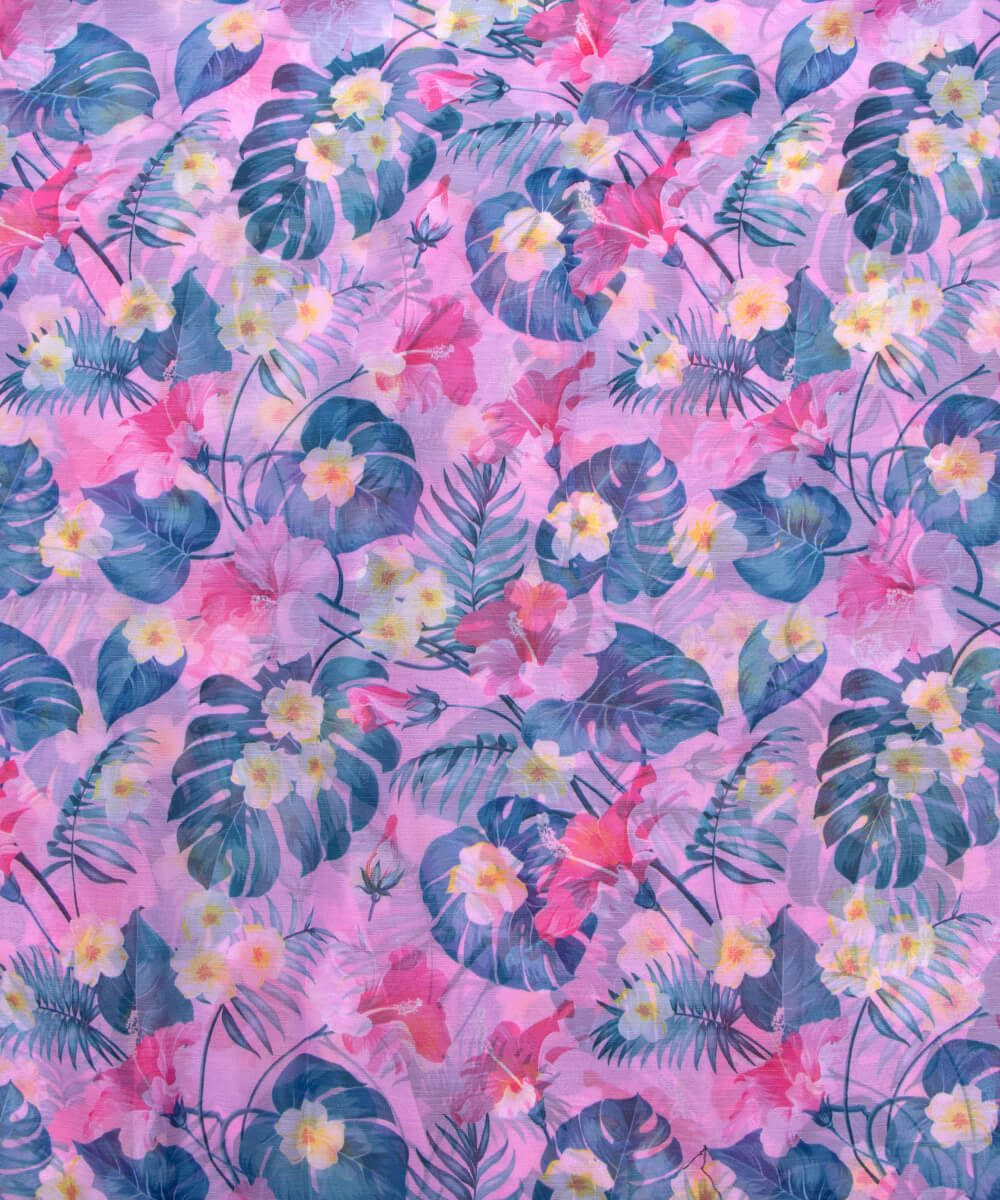 Pink Blue Colour Floral Leaf Print Chiffon Fabric