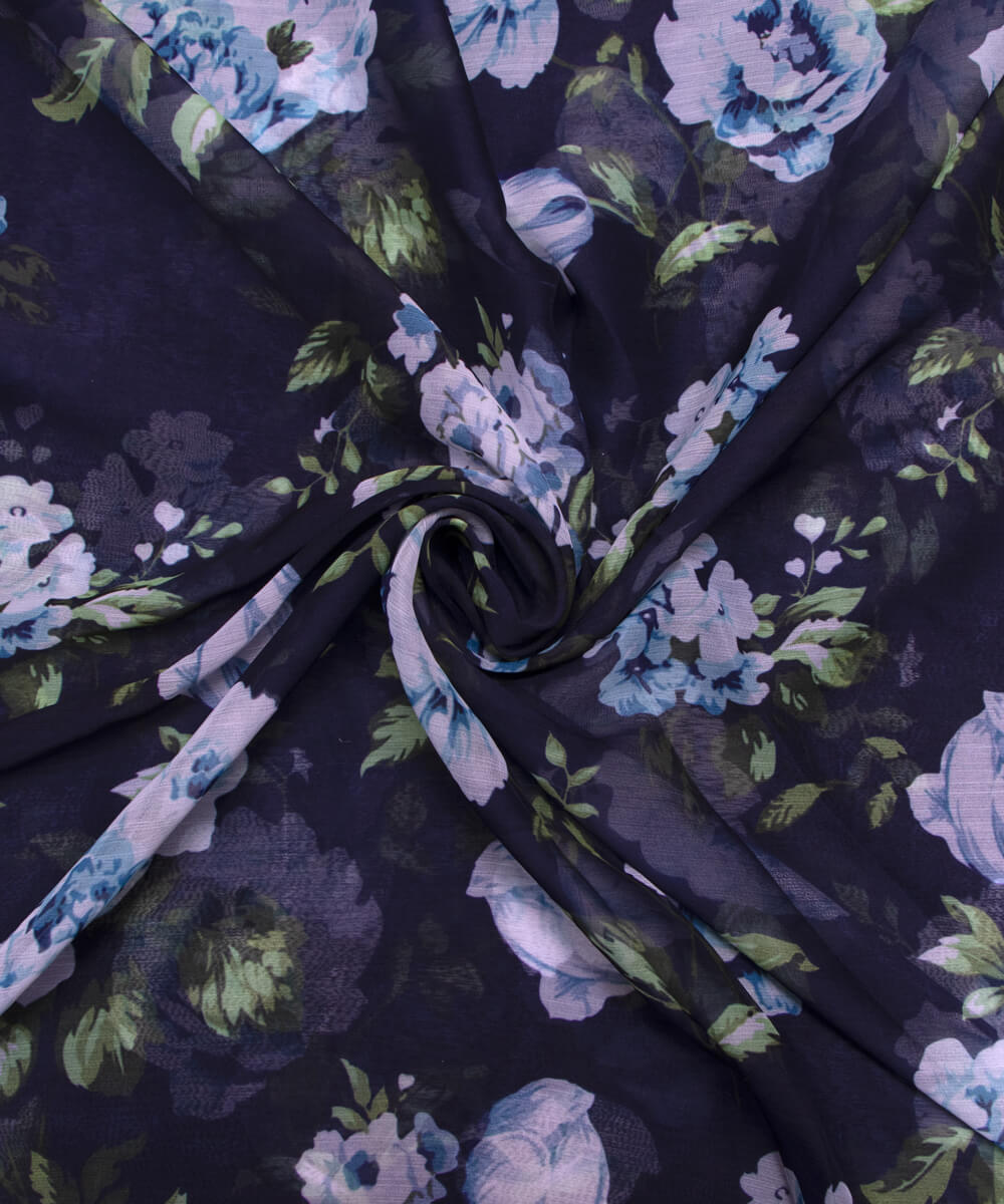 Dark Blue Colour Floral Print Chiffon Fabric