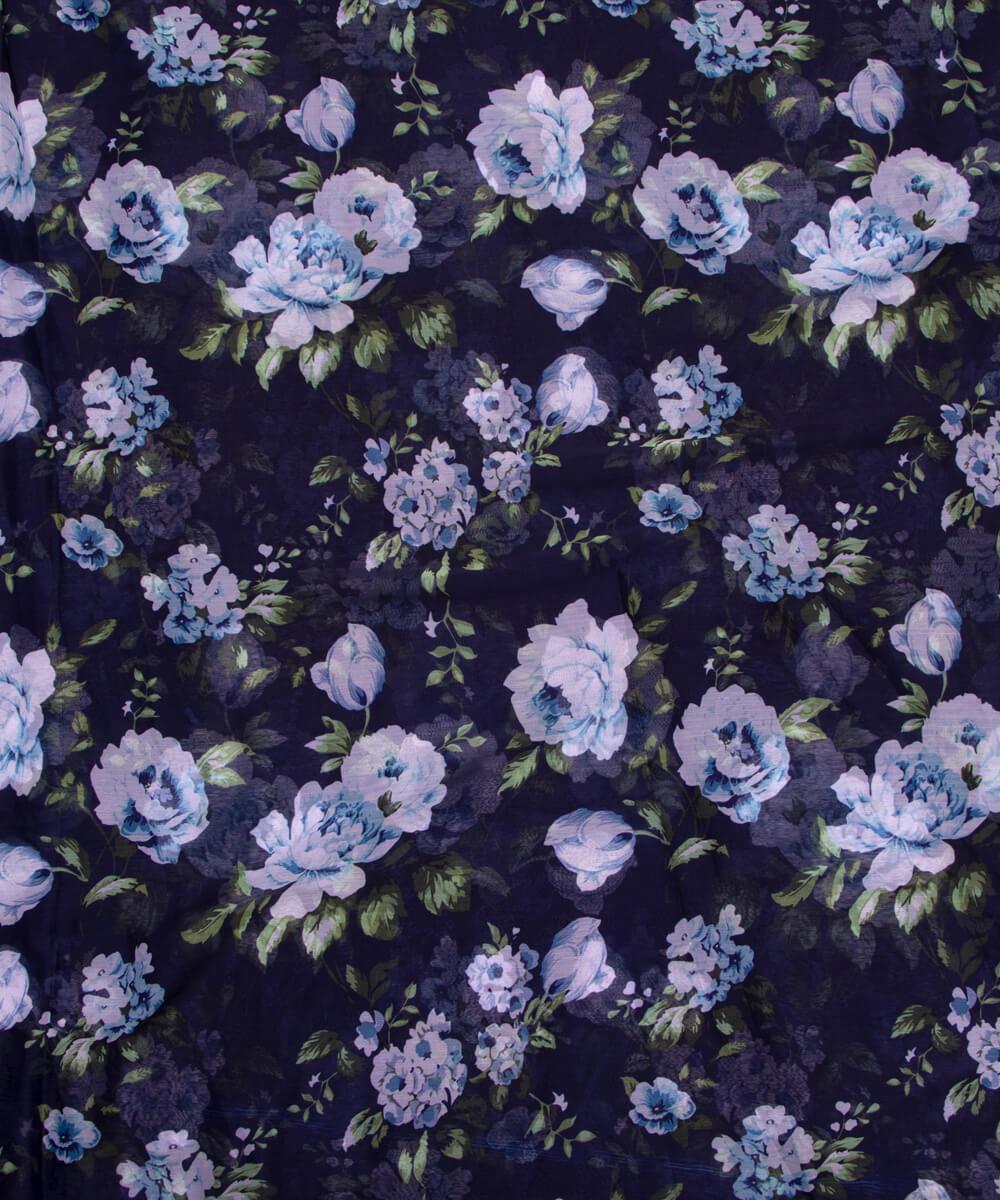 Dark Blue Colour Floral Print Chiffon Fabric