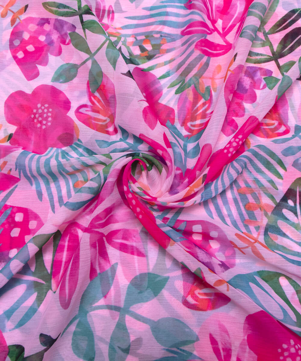 Pink Colour Floral Print Chiffon Fabric