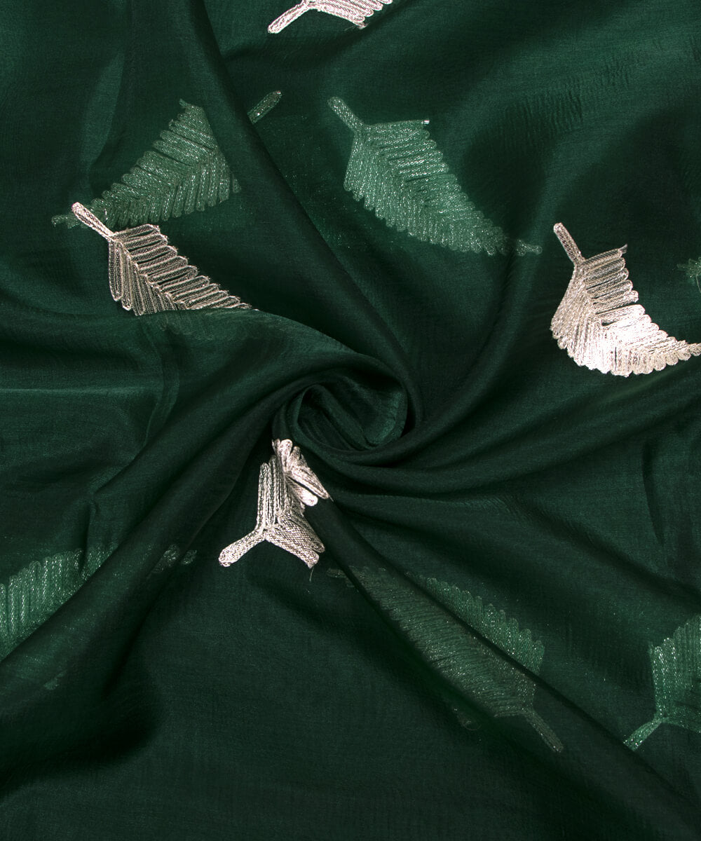 Bottle Green Colour leaf Embroidery Organza Silk Fabric