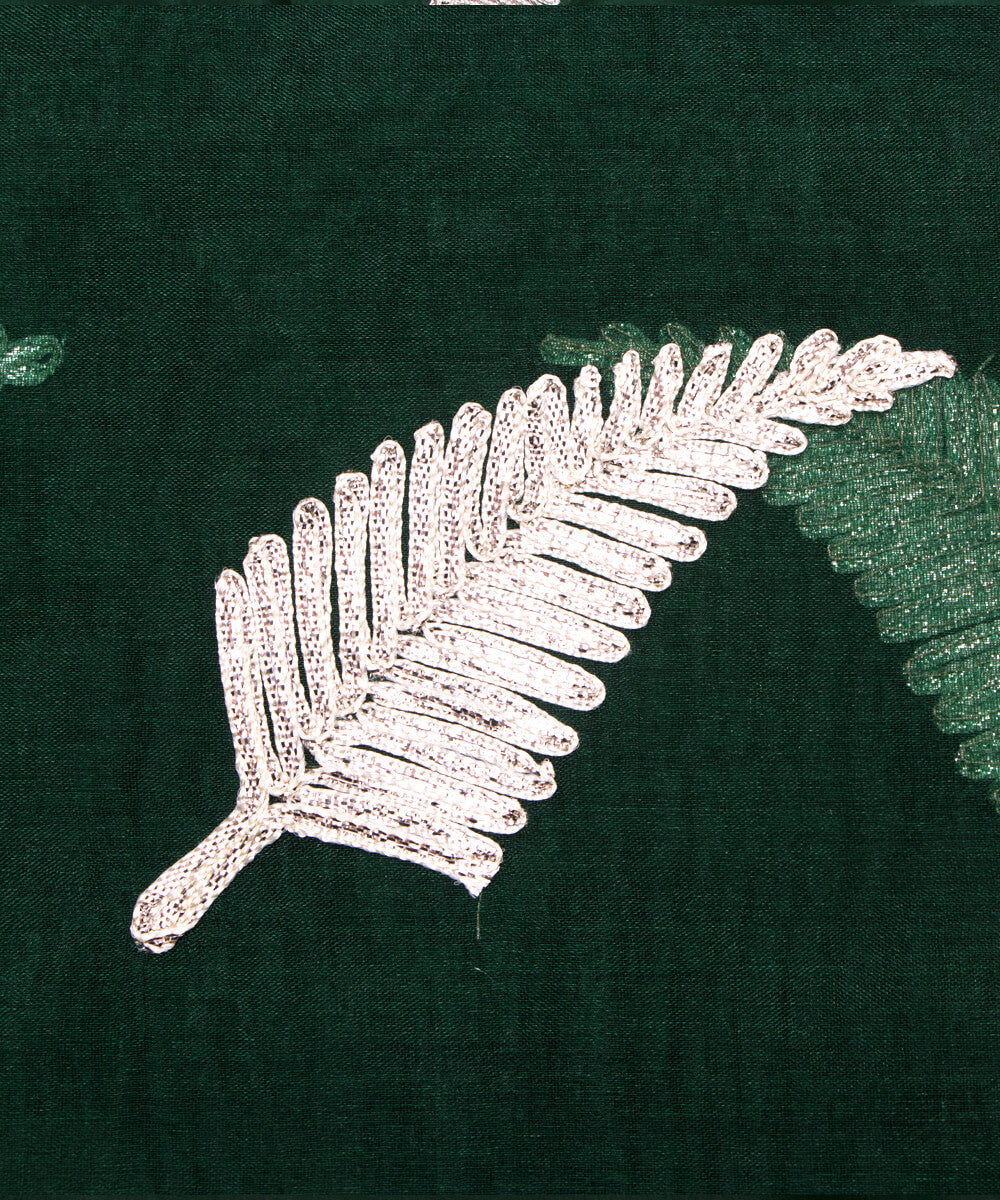 Bottle Green Colour leaf Embroidery Organza Silk Fabric