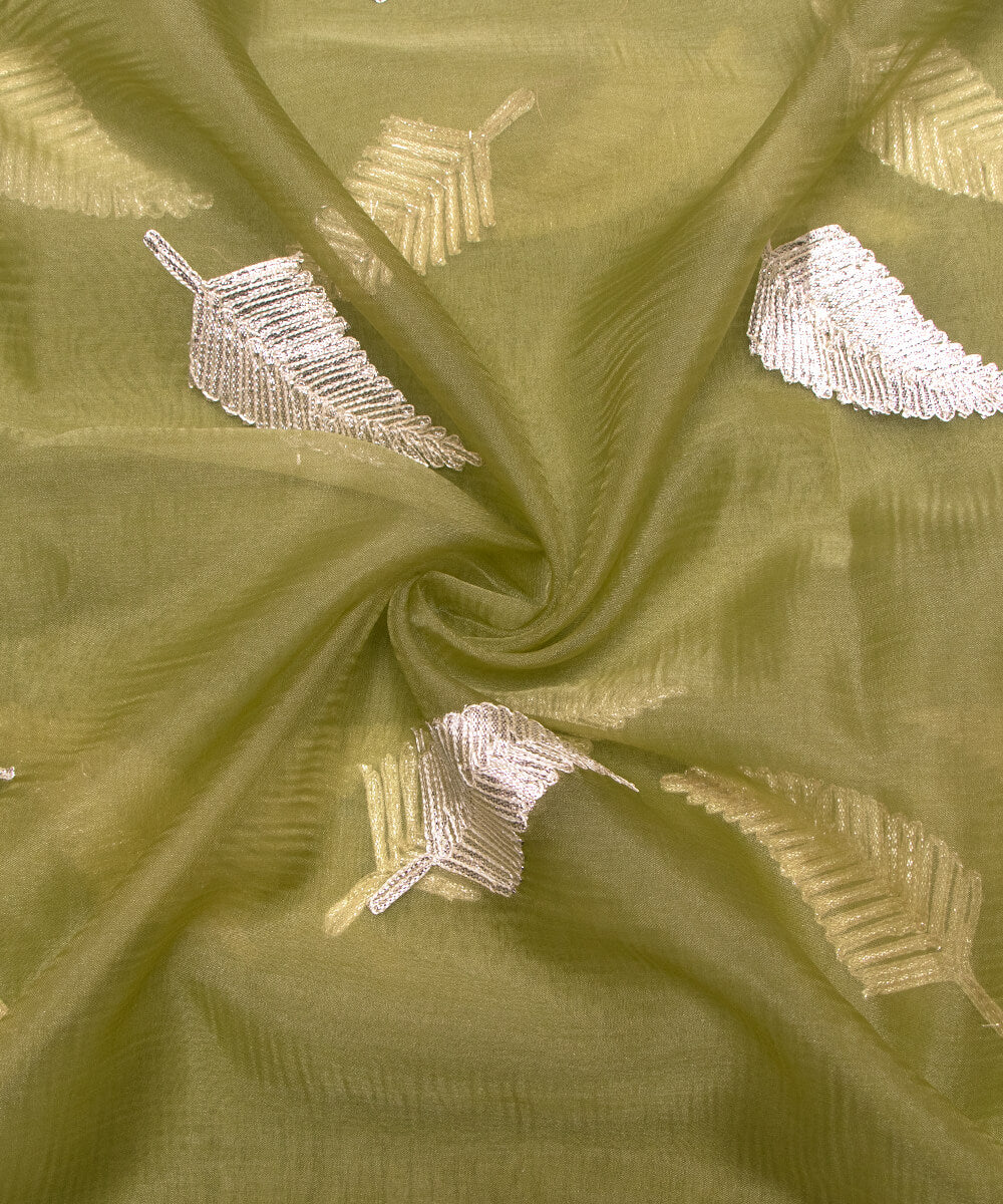 Mehendi Green Colour leaf Embroidery Organza Silk Fabric
