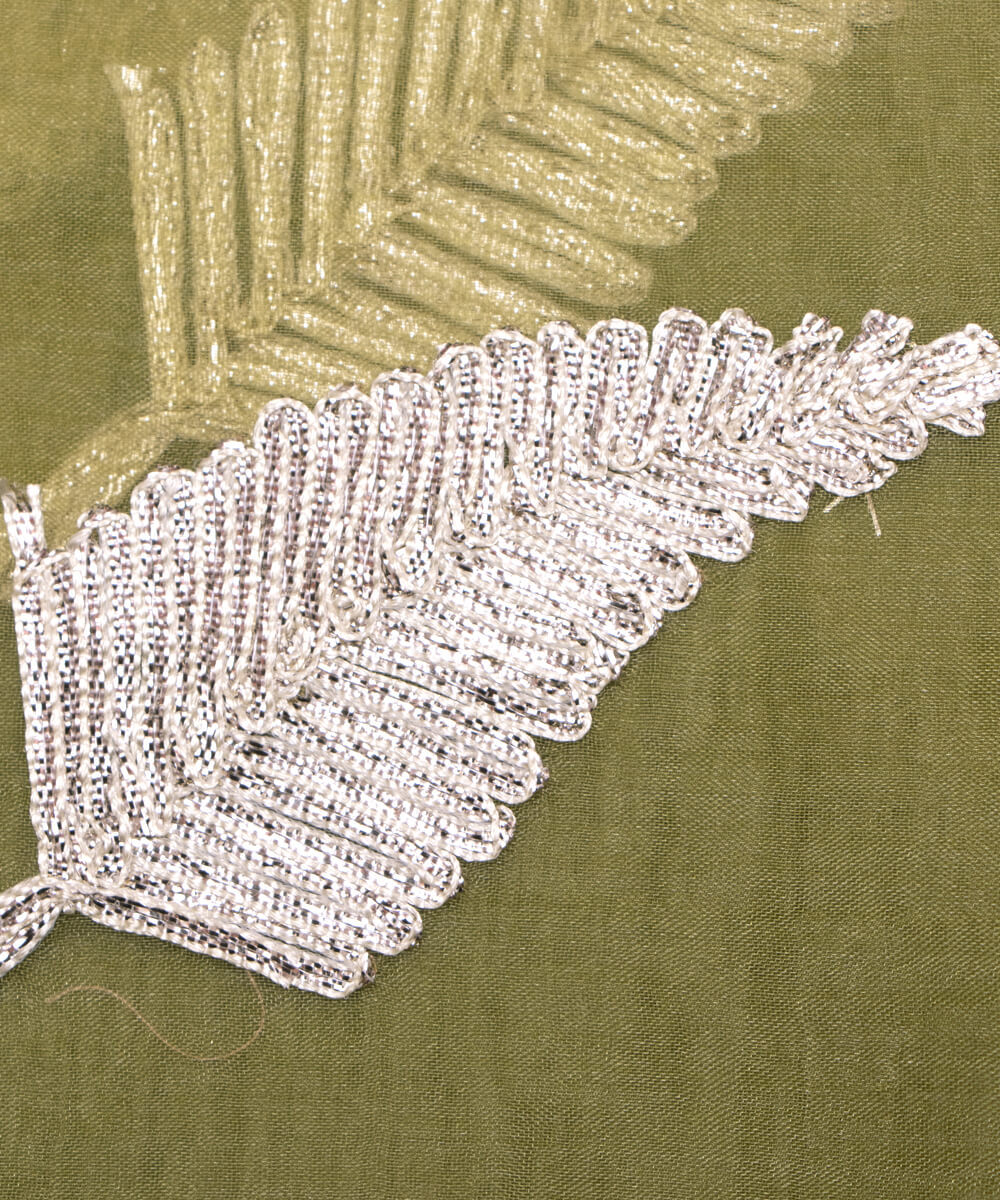 Mehendi Green Colour leaf Embroidery Organza Silk Fabric