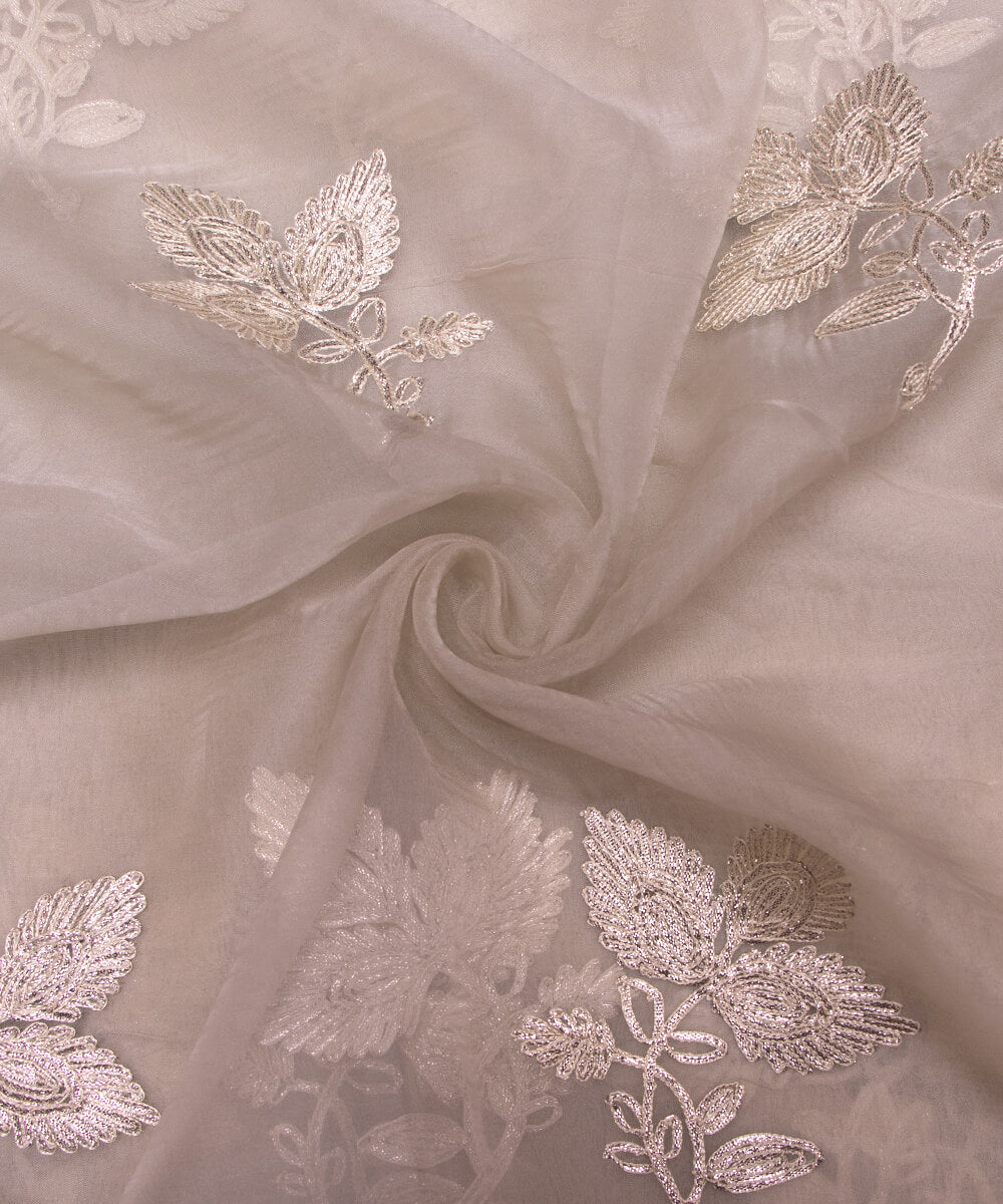Stone Grey Colour Floral Embroidery Organza Silk Fabric