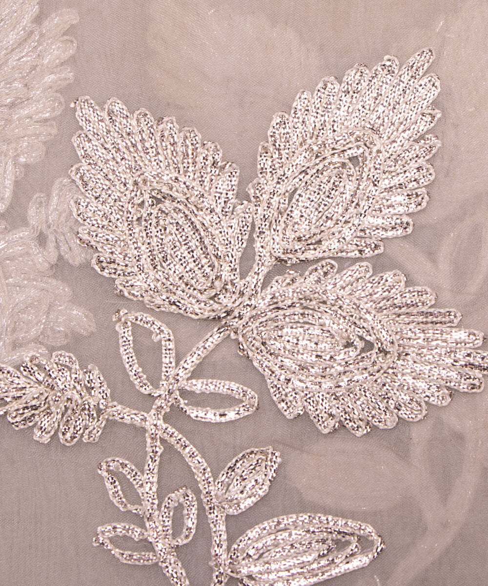 Stone Grey Colour Floral Embroidery Organza Silk Fabric