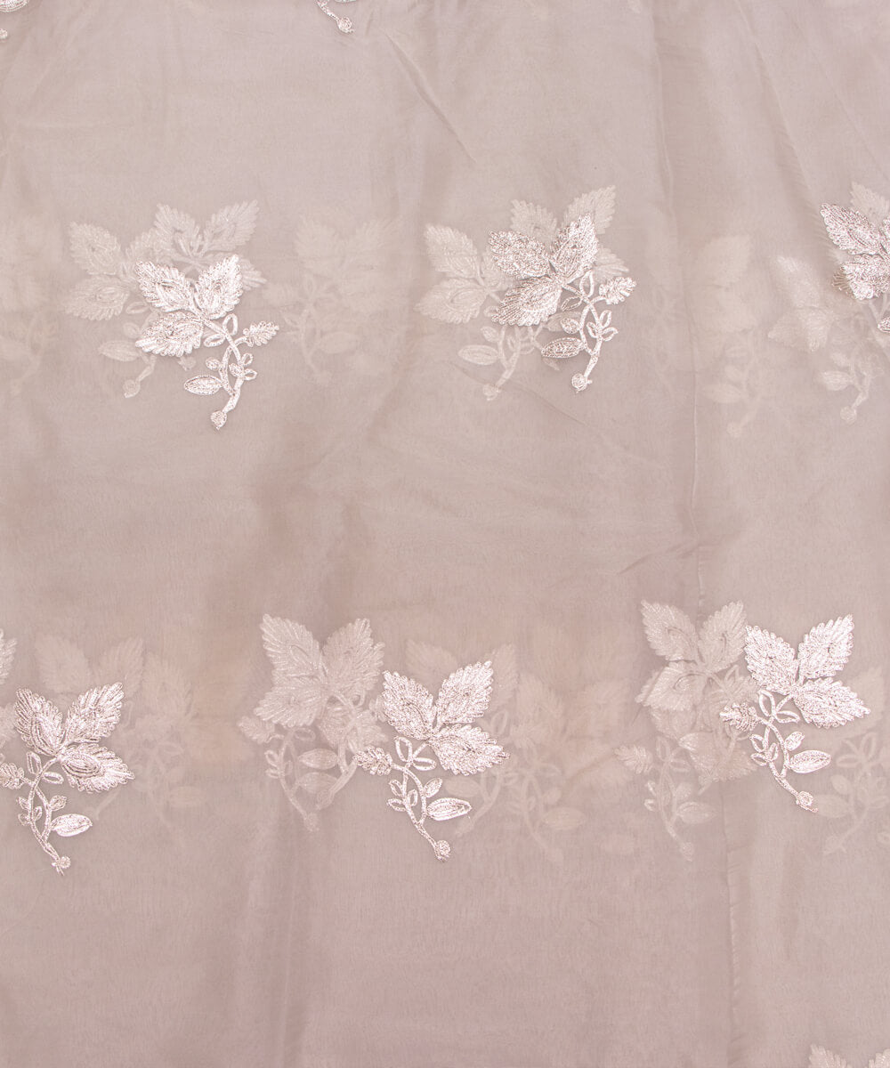 Stone Grey Colour Floral Embroidery Organza Silk Fabric